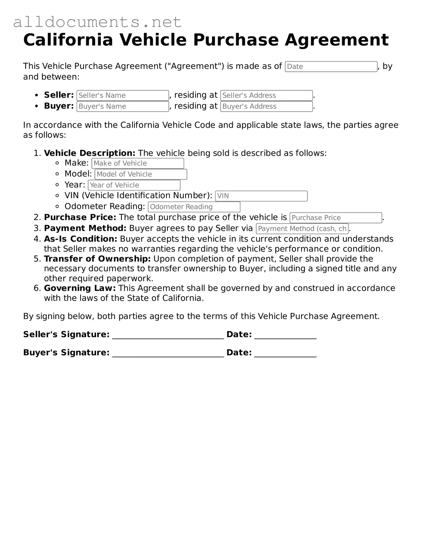 Official  Vehicle Purchase Agreement Template for California