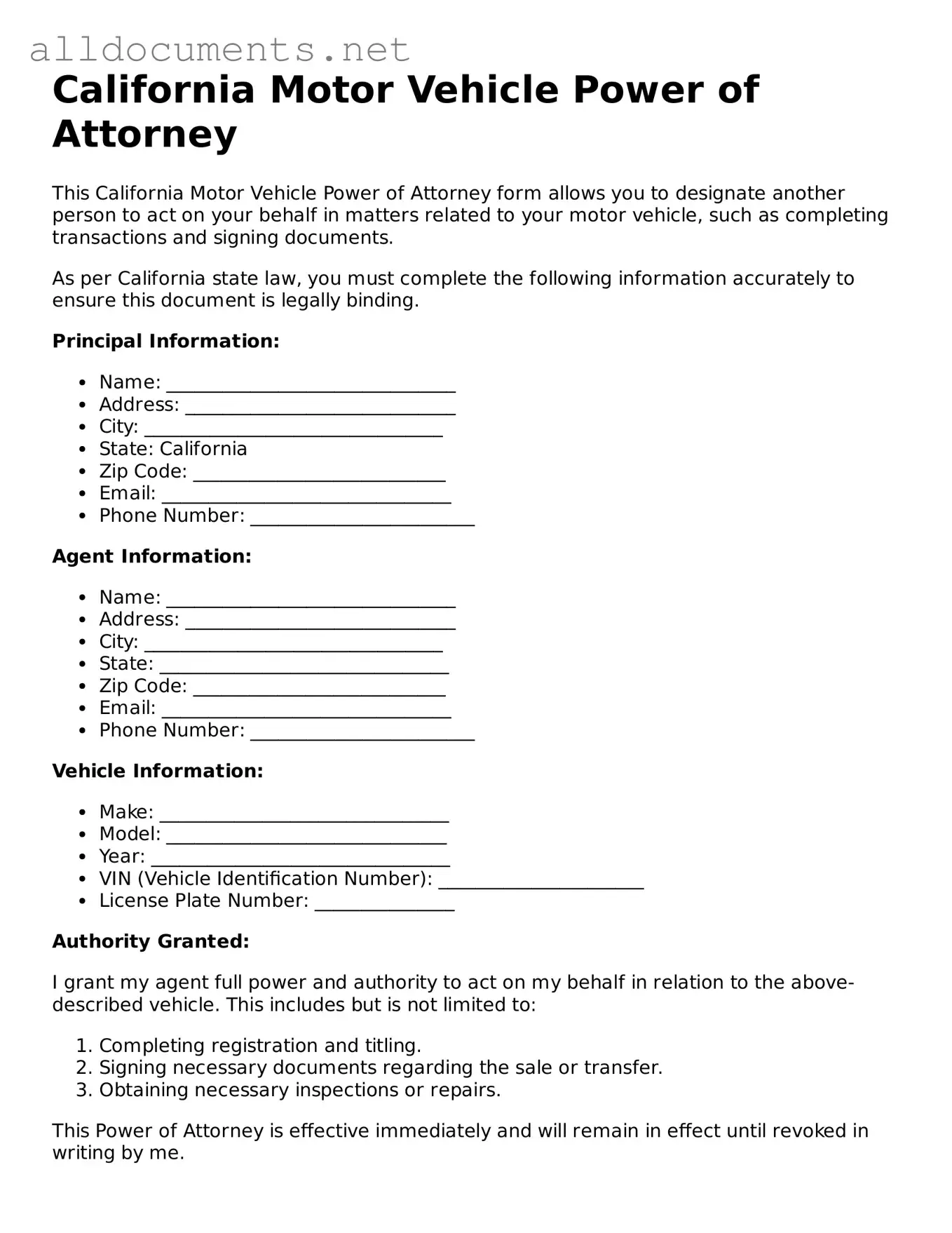 Official  Motor Vehicle Power of Attorney Template for California