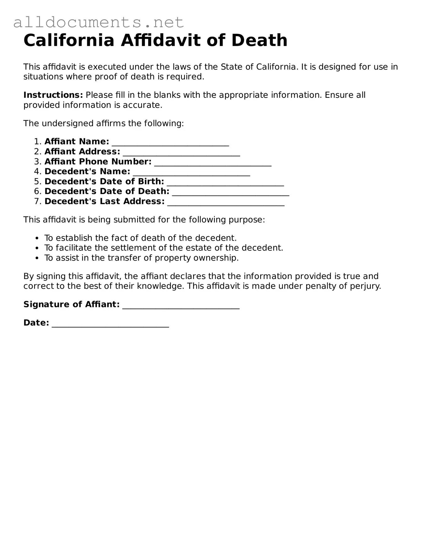 Official  Affidavit of Death Template for California