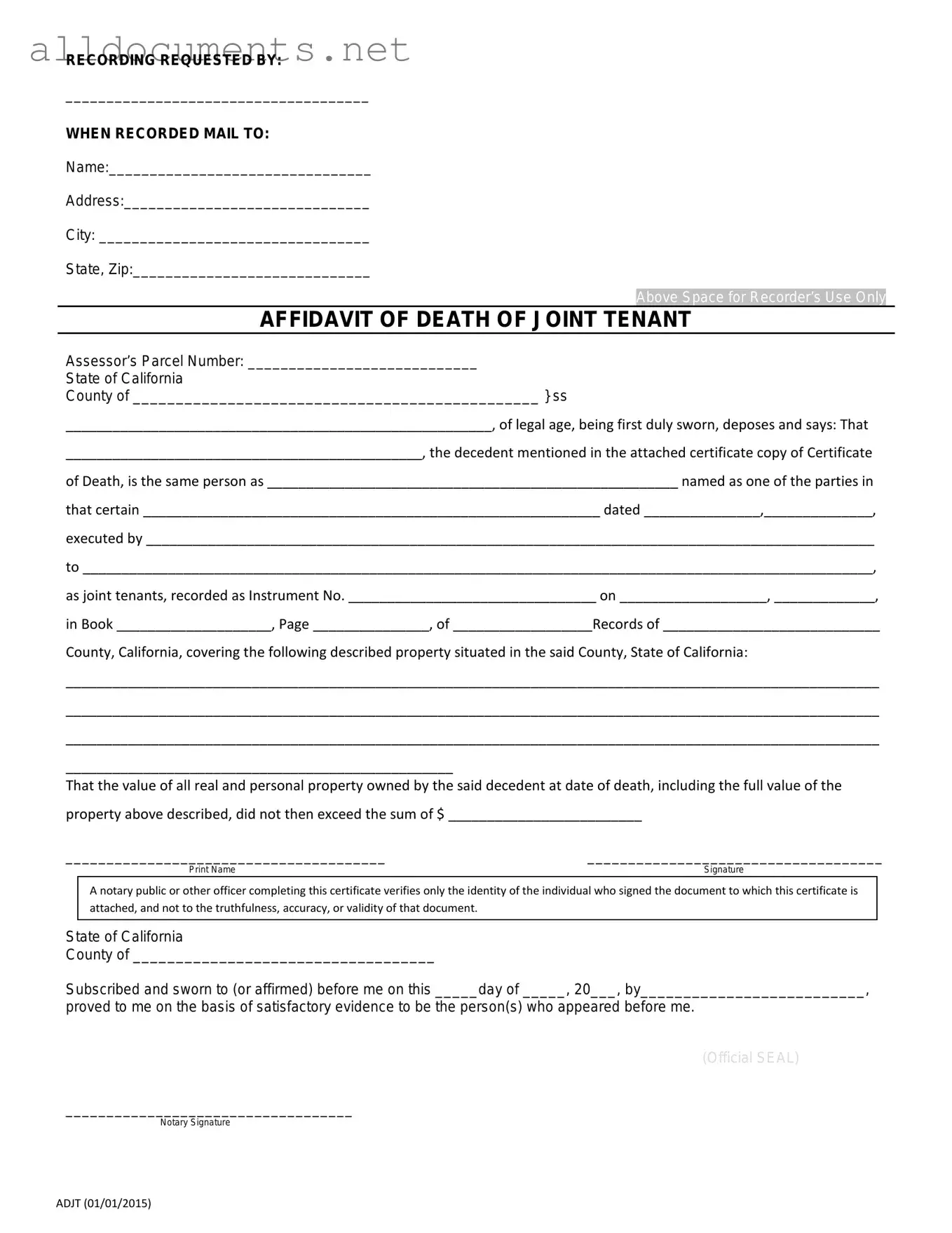 Fillable California Death of a Joint Tenant Affidavit Template in PDF