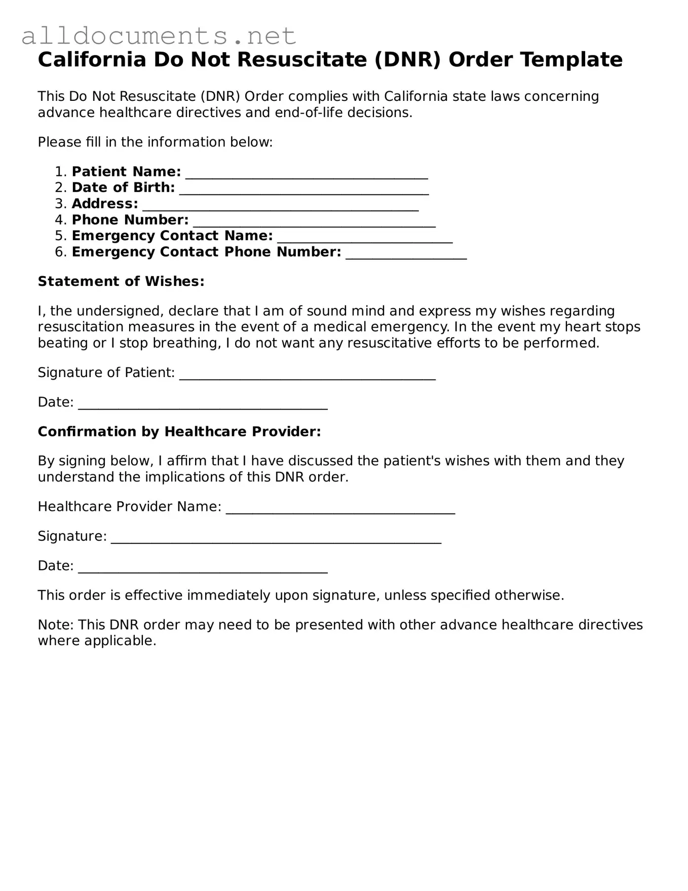 Official  Do Not Resuscitate Order Template for California