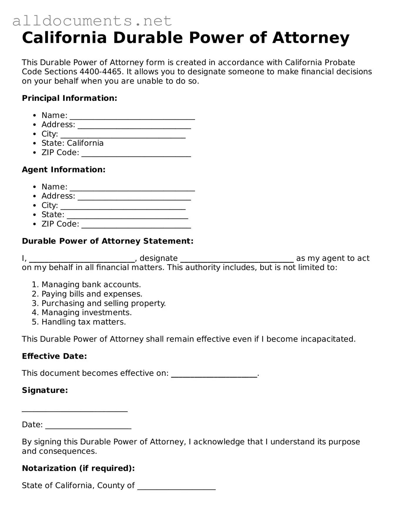 Official  Durable Power of Attorney Template for California