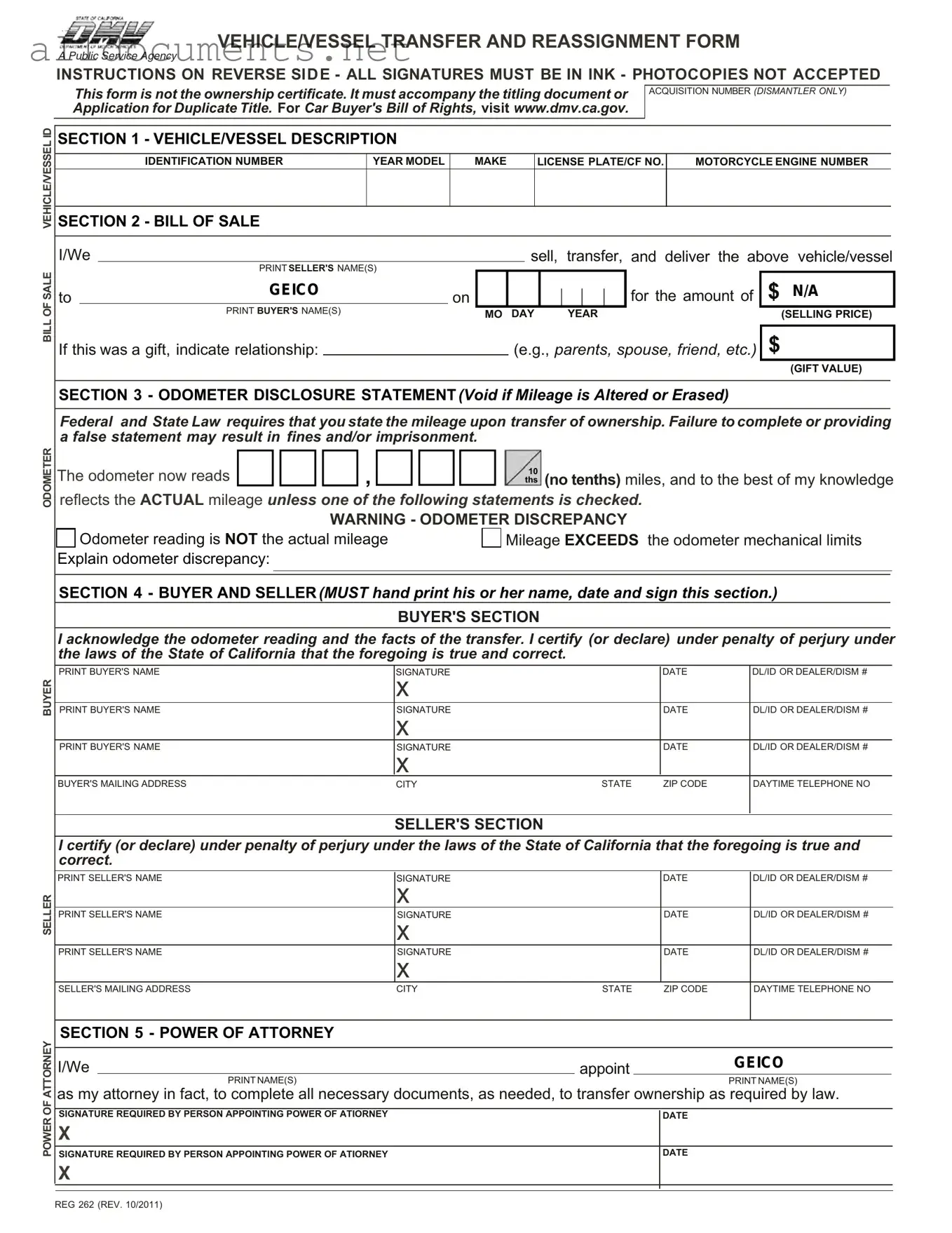 Fillable California Fotm Reg 262 Template in PDF