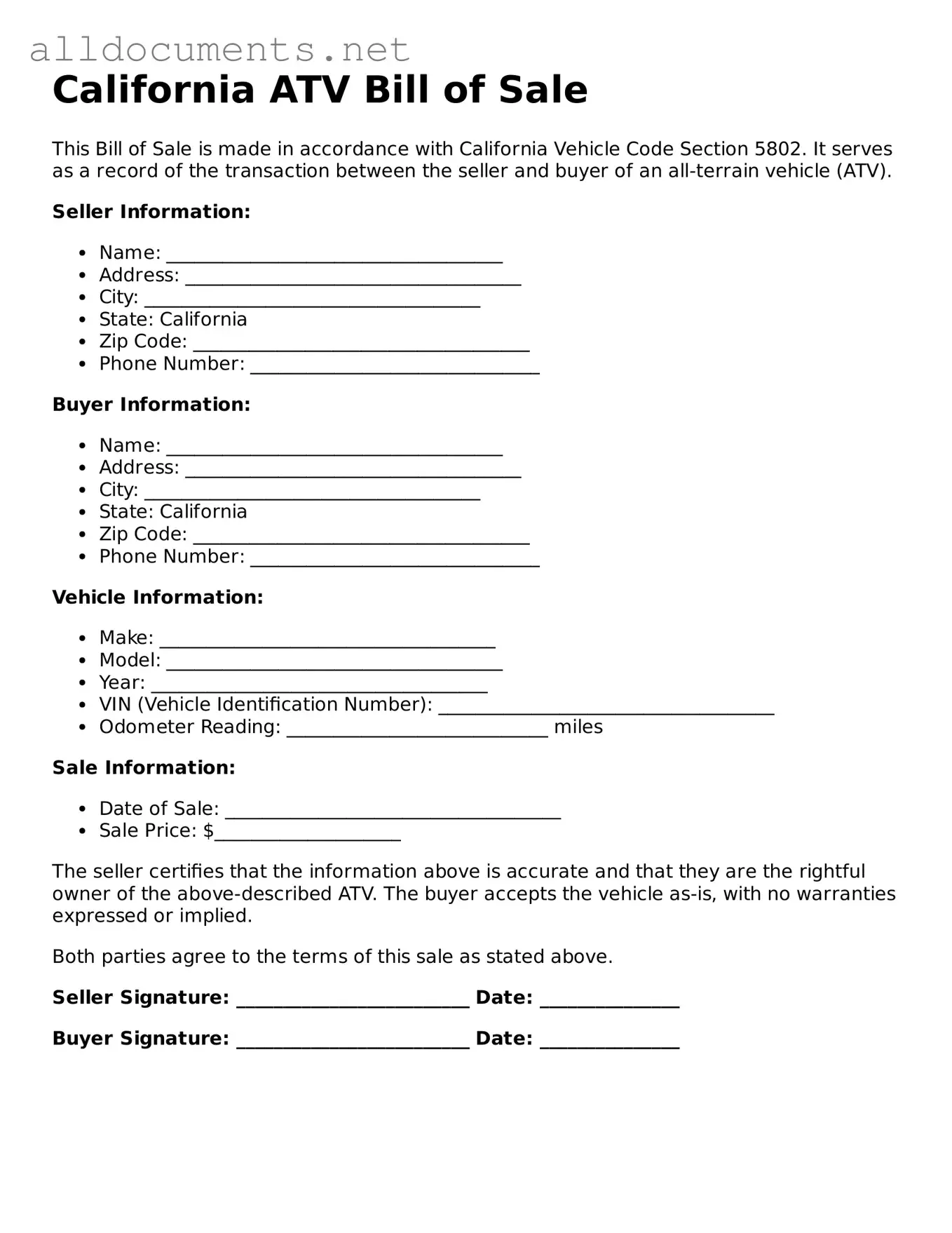 Official  ATV Bill of Sale Template for California