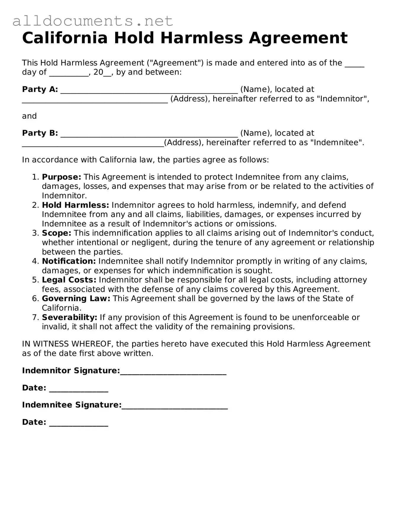 Official  Hold Harmless Agreement Template for California