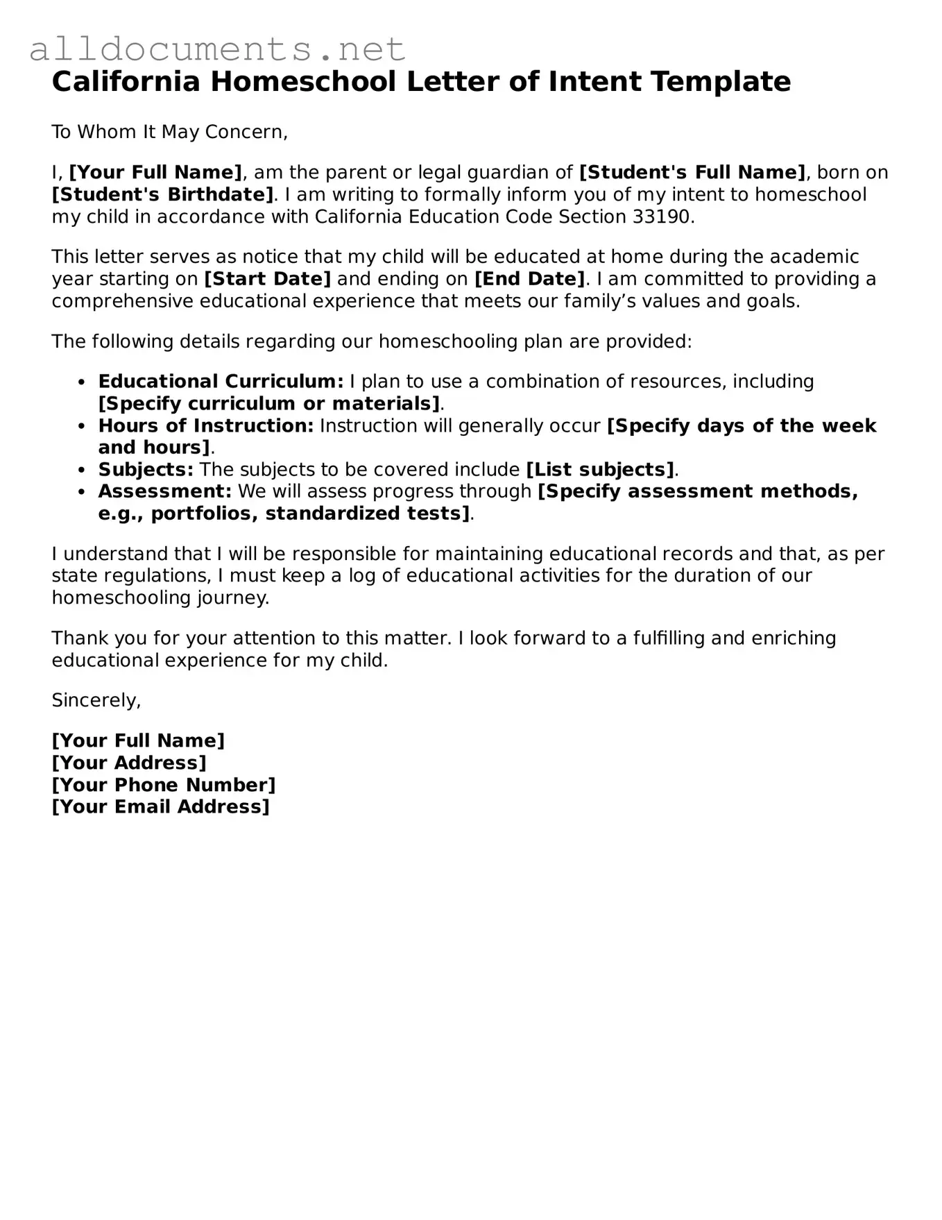 Official  Homeschool Letter of Intent Template for California