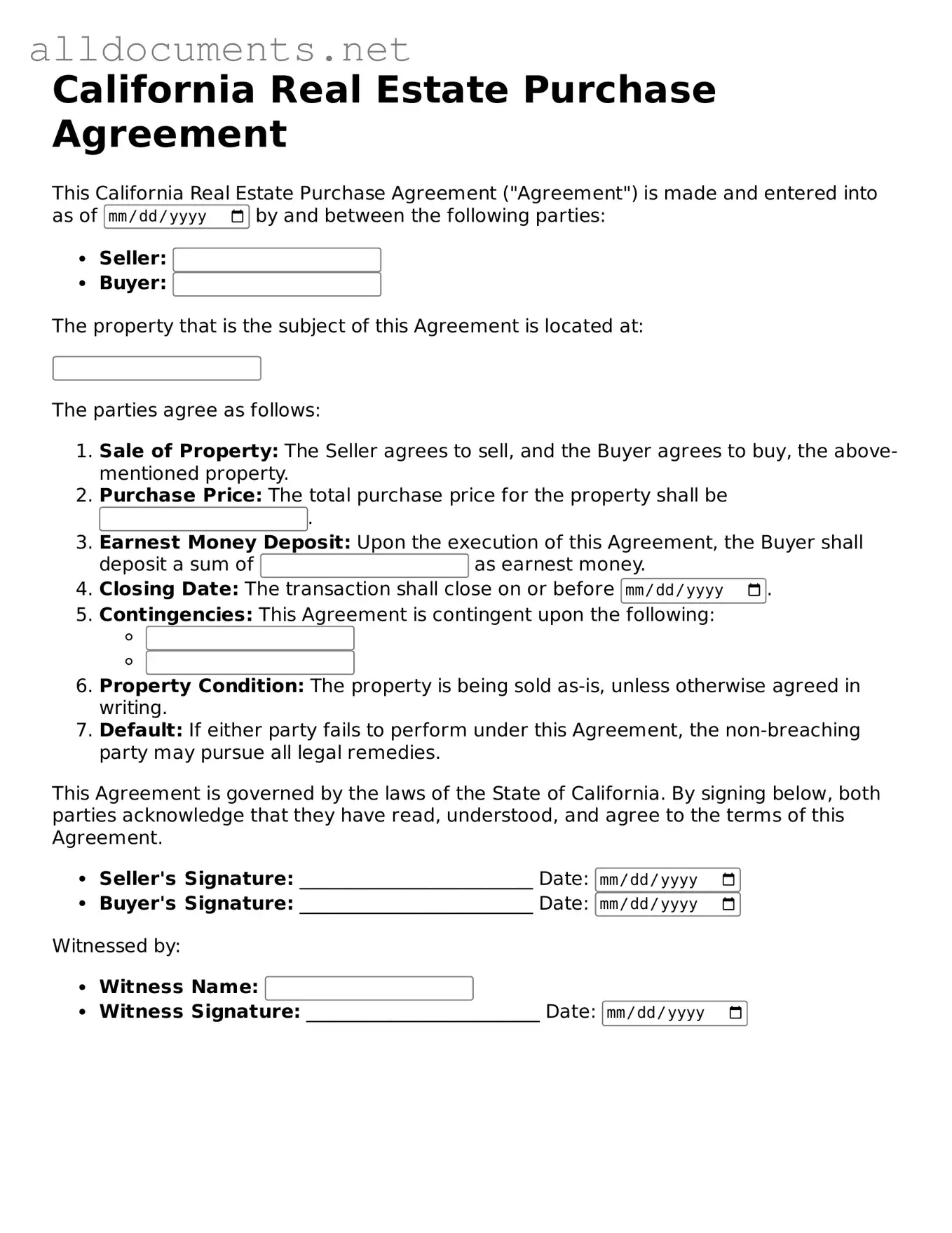 Official  Real Estate Purchase Agreement Template for California