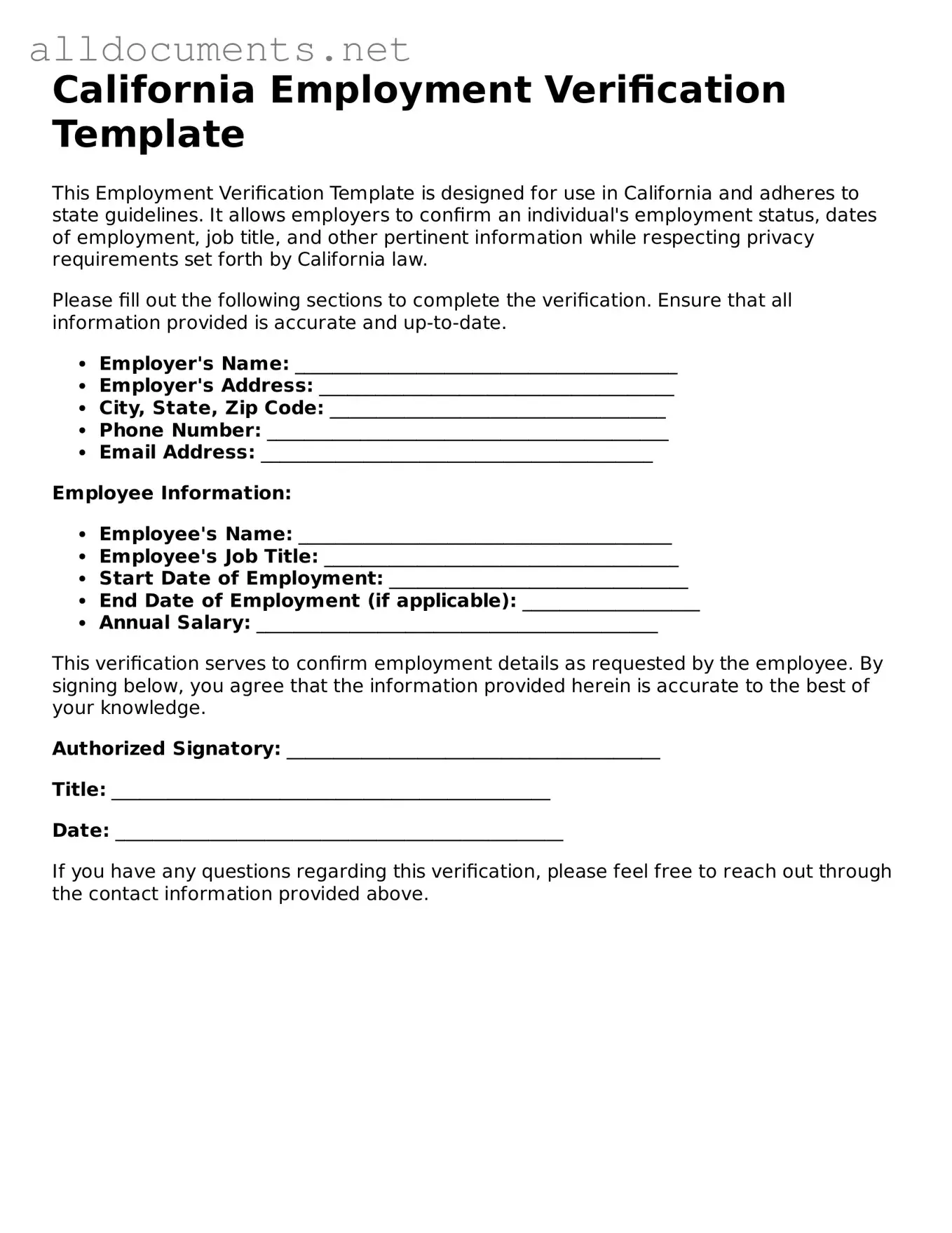 Official  Employment Verification Template for California