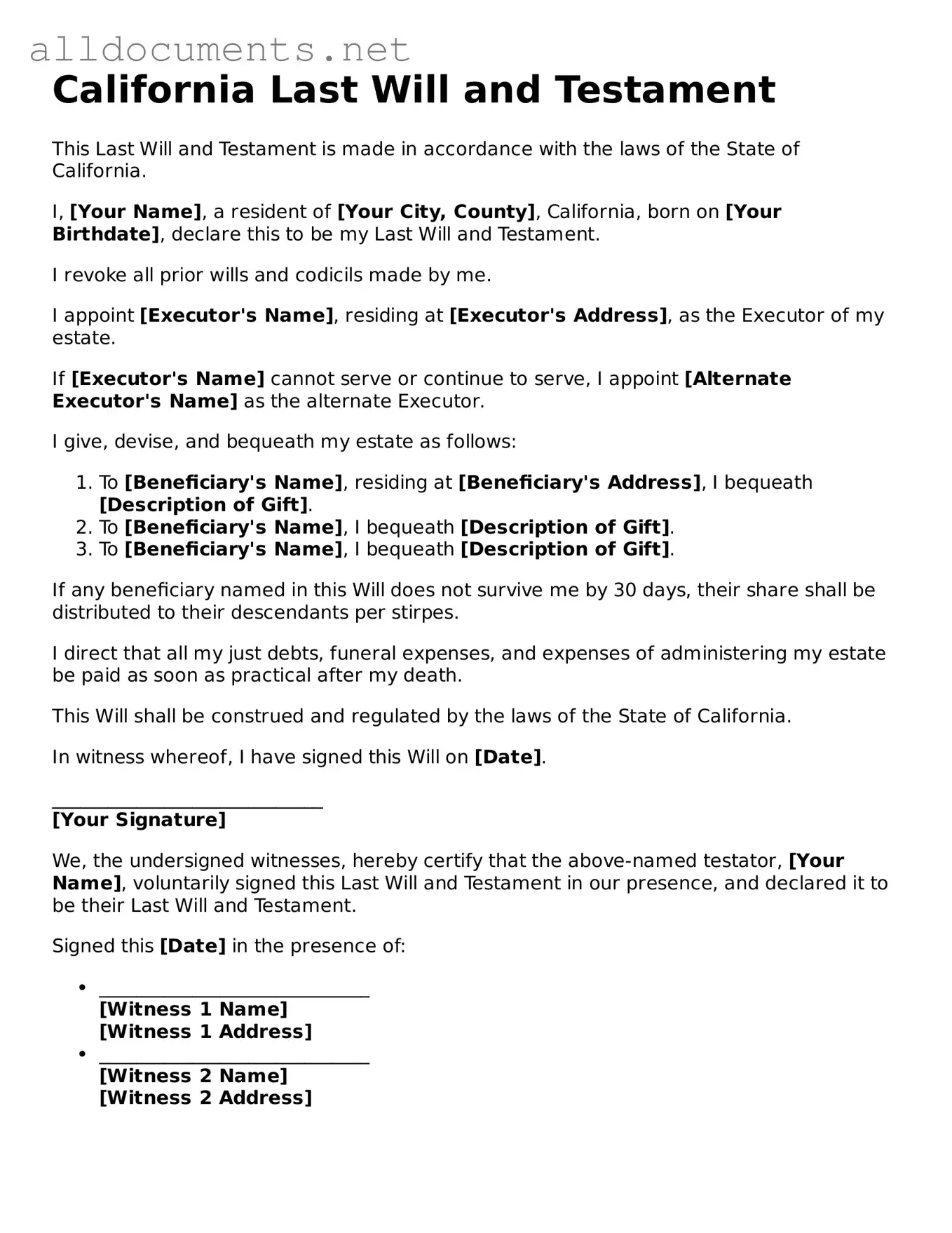 Official  Last Will and Testament Template for California