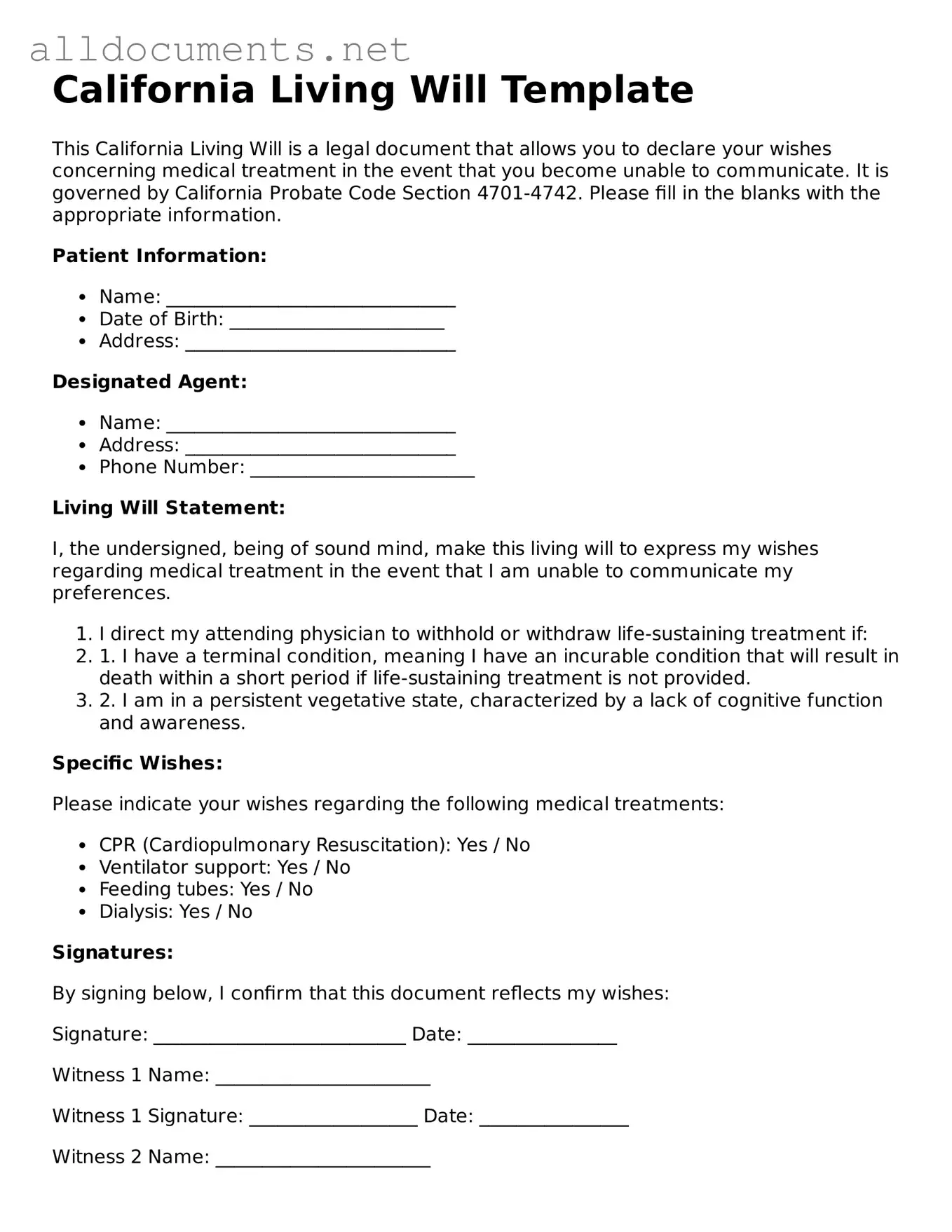 Official  Living Will Template for California