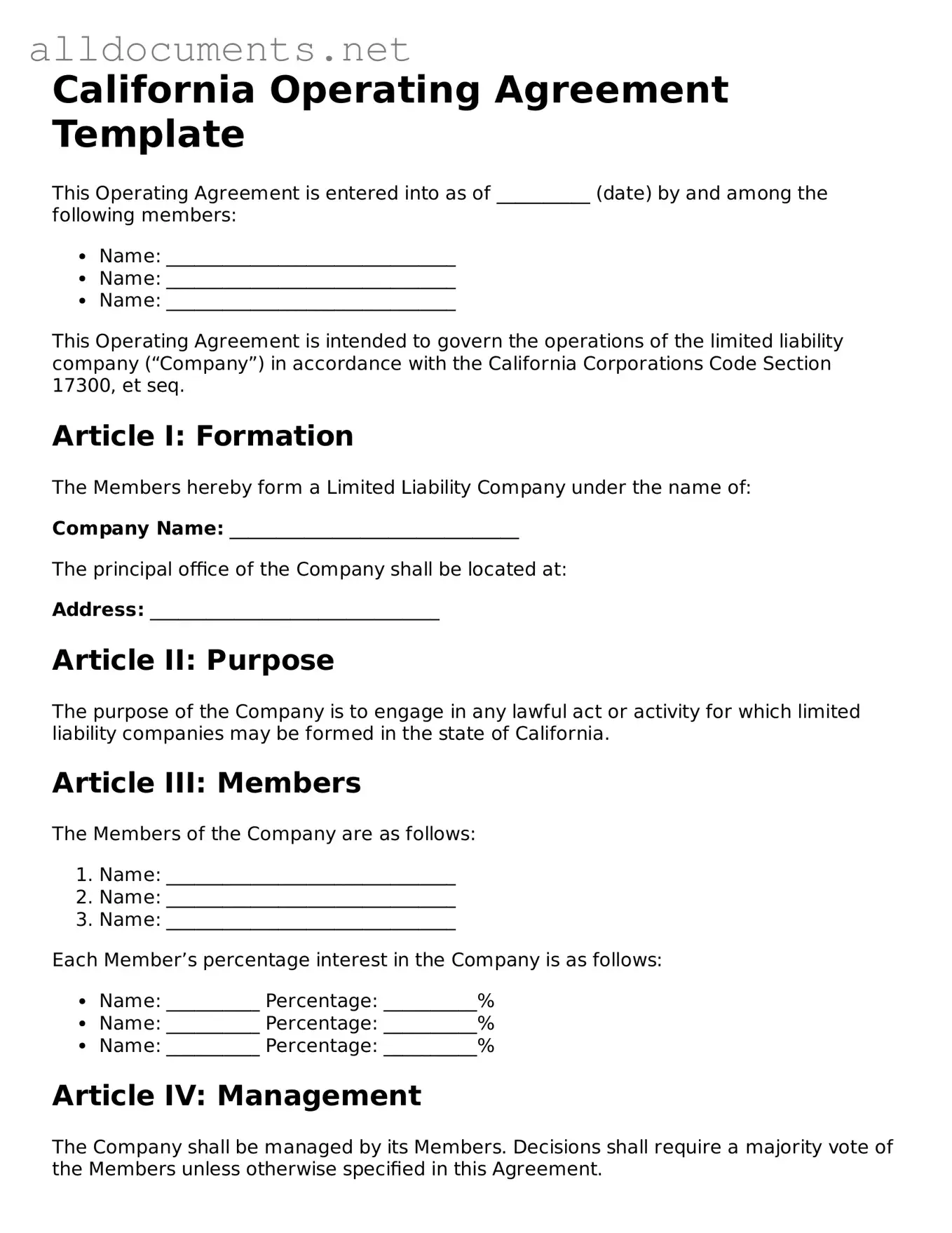 Official  Operating Agreement Template for California