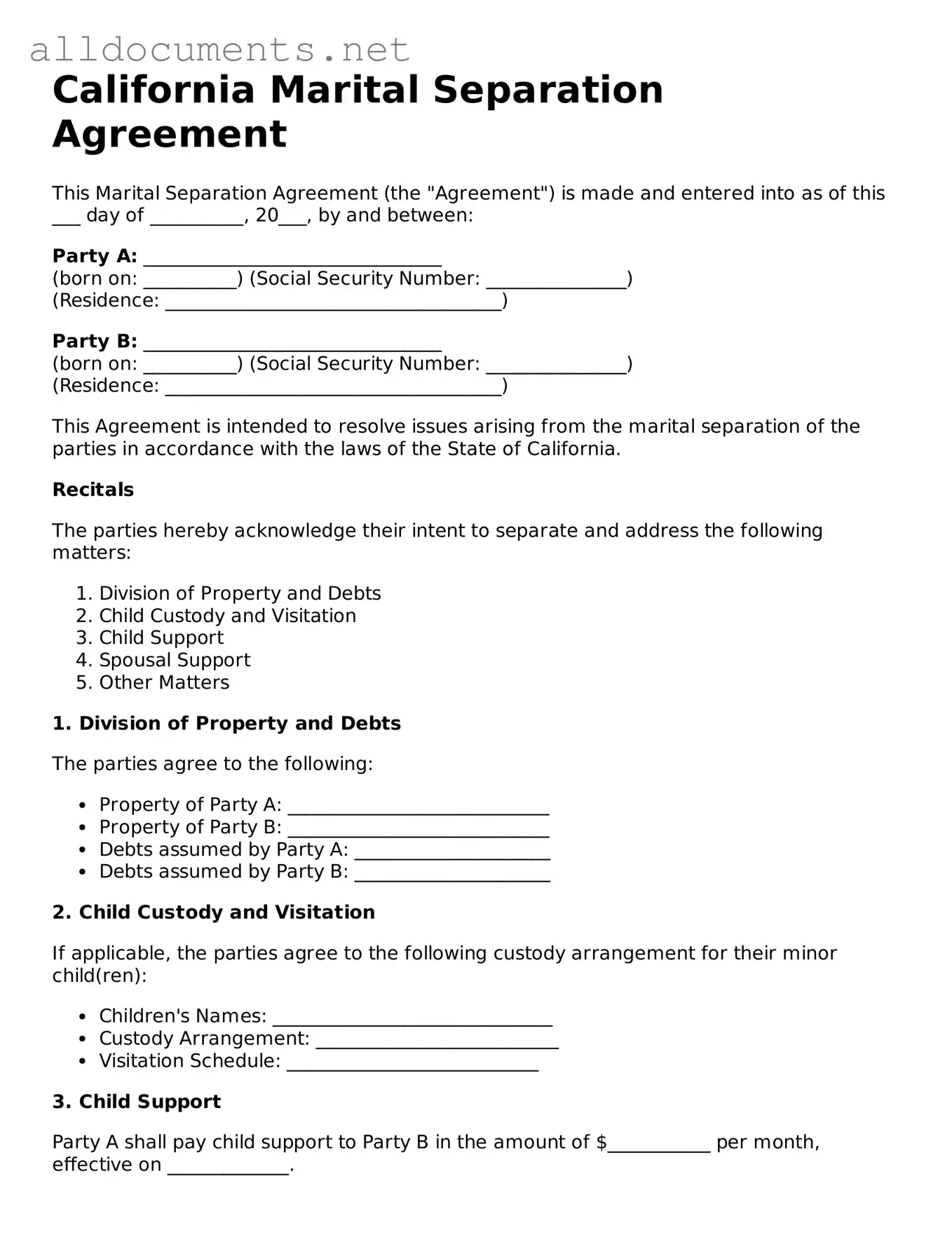 Official  Marital Separation Agreement Template for California