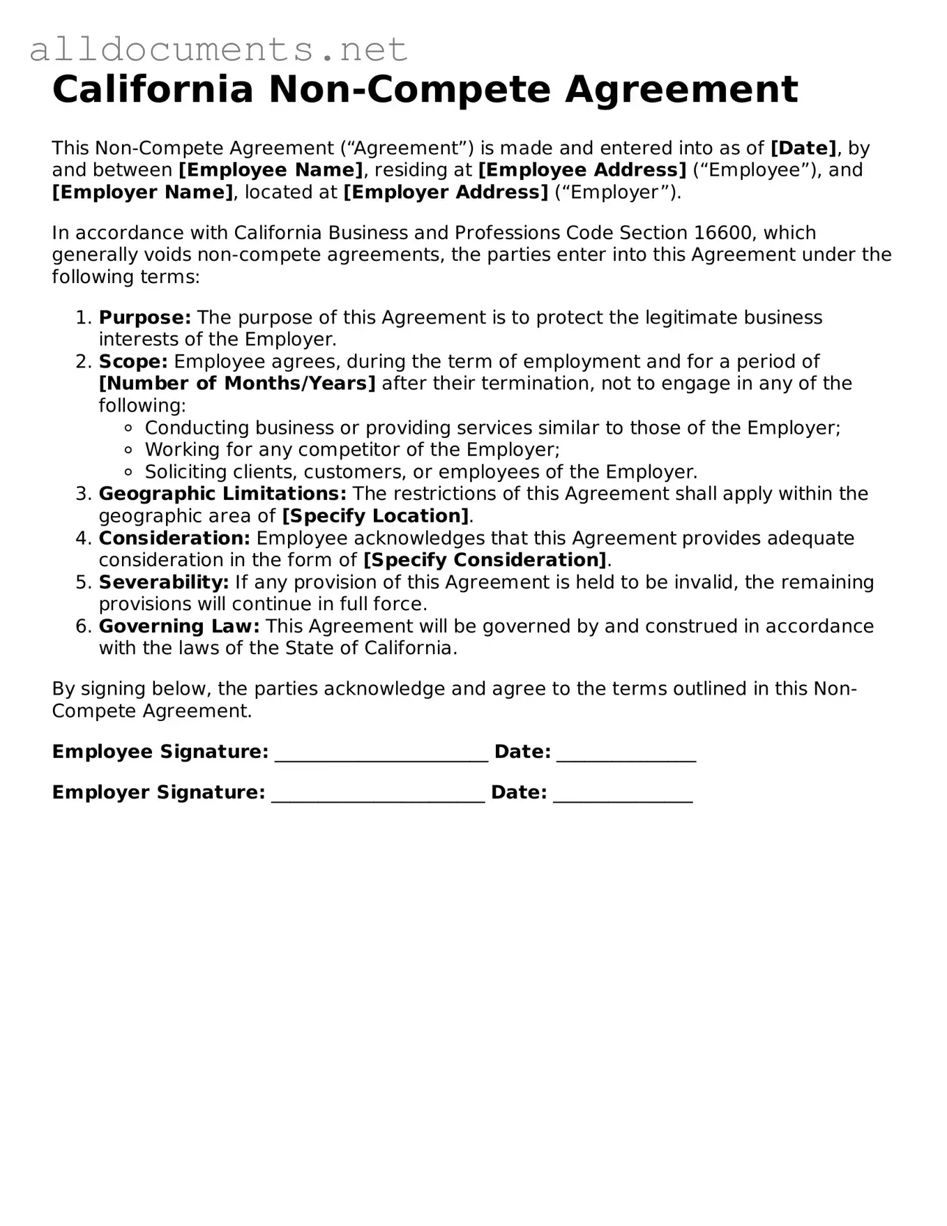 Official  Non-compete Agreement Template for California