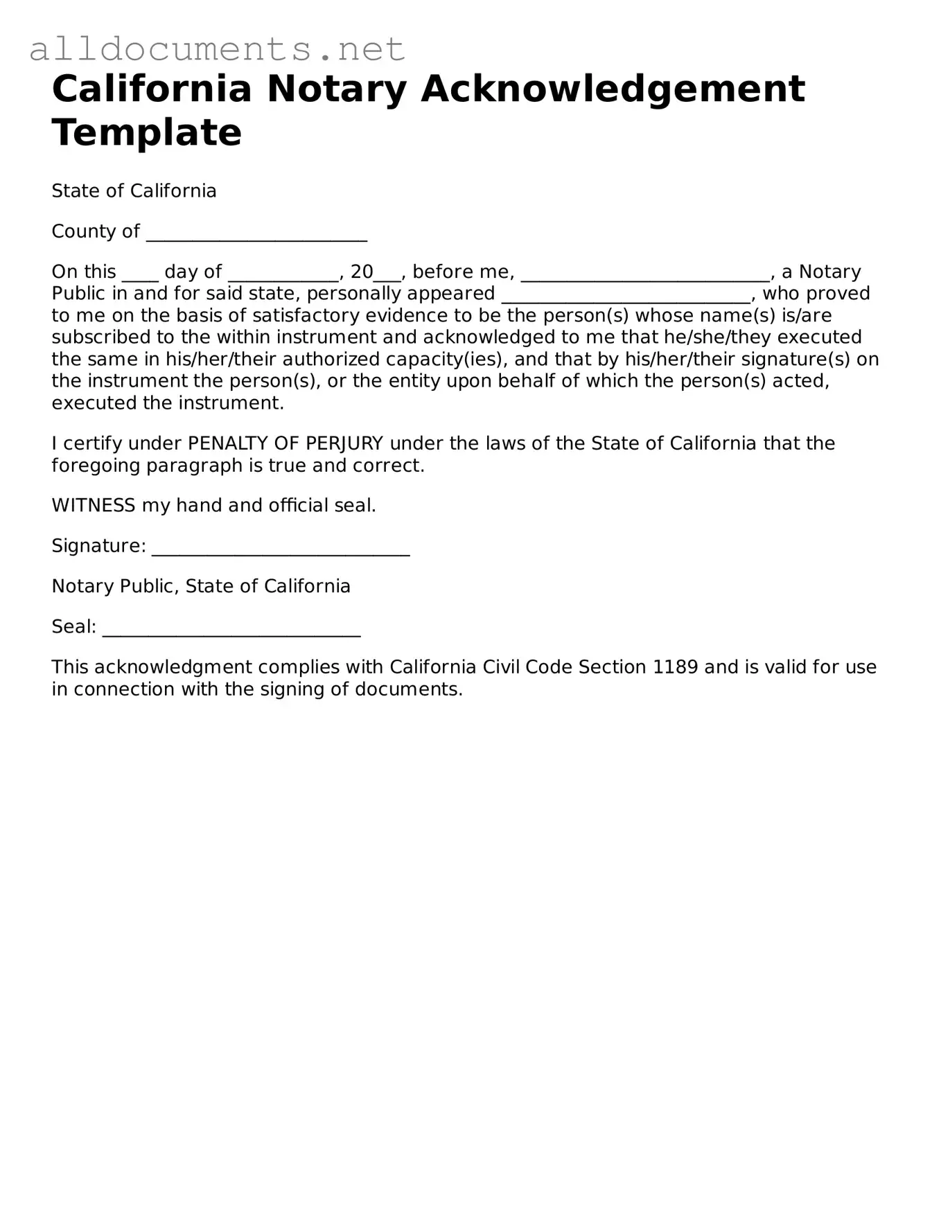 Official  Notary Acknowledgement Template for California