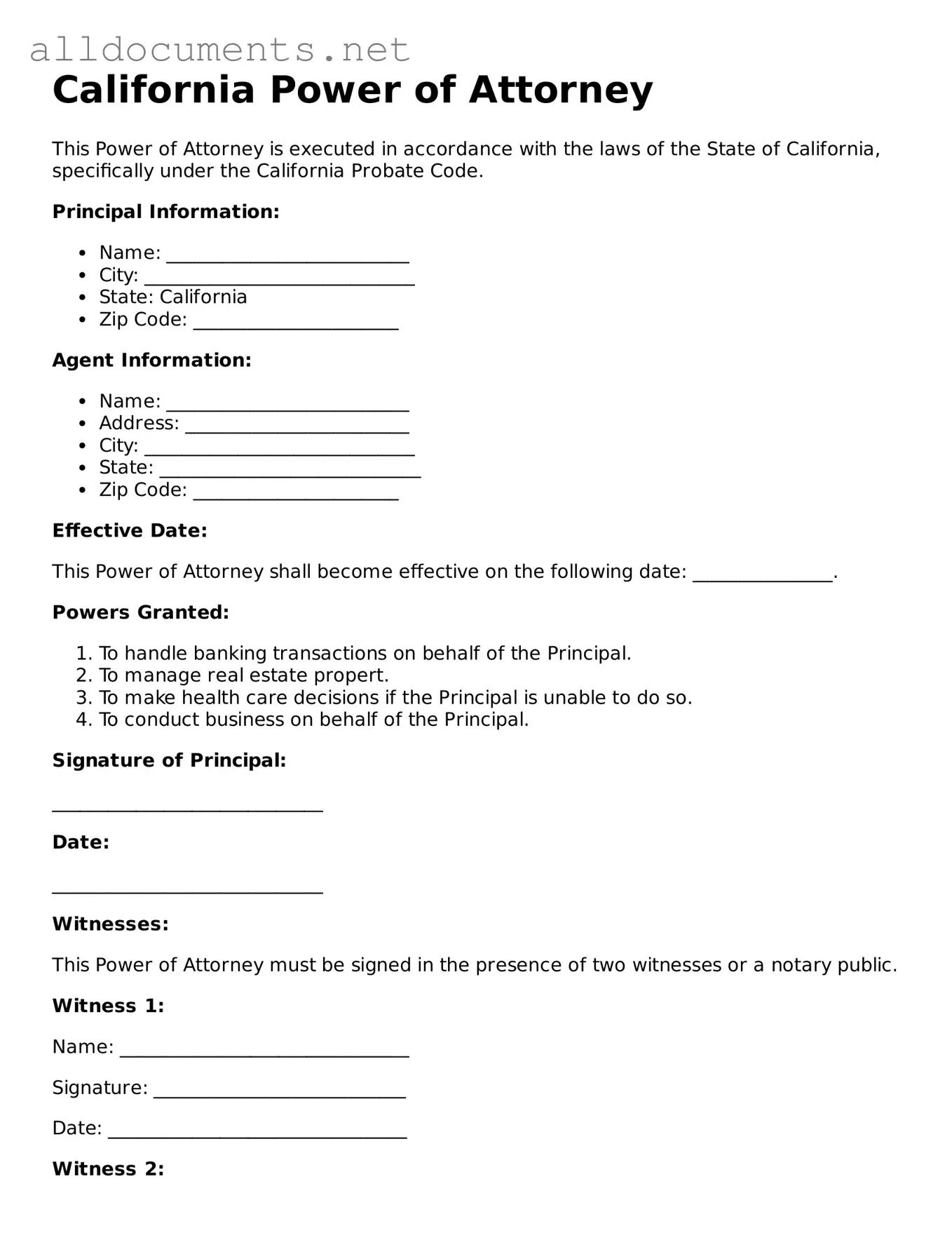 Official  Power of Attorney Template for California