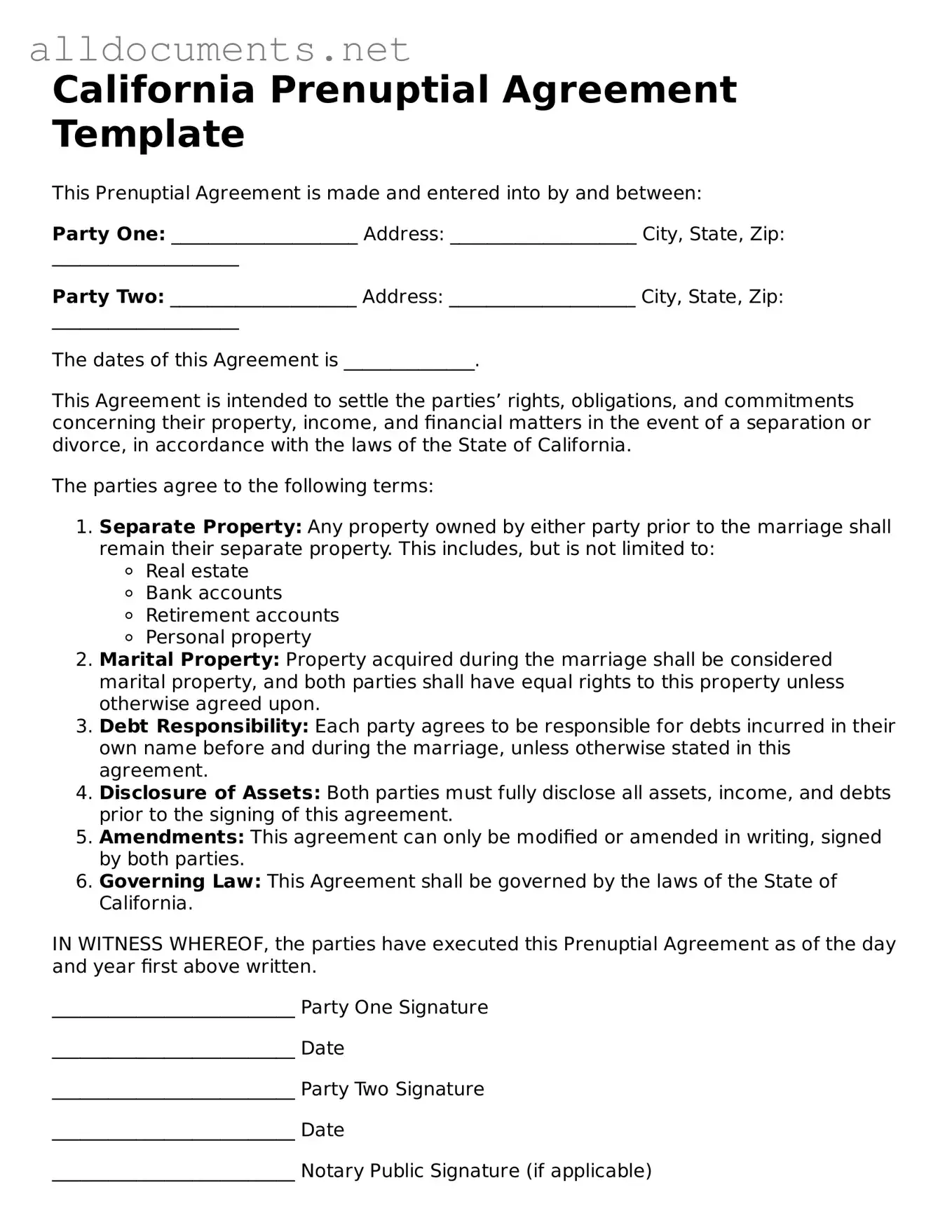 Official  Prenuptial Agreement Template for California