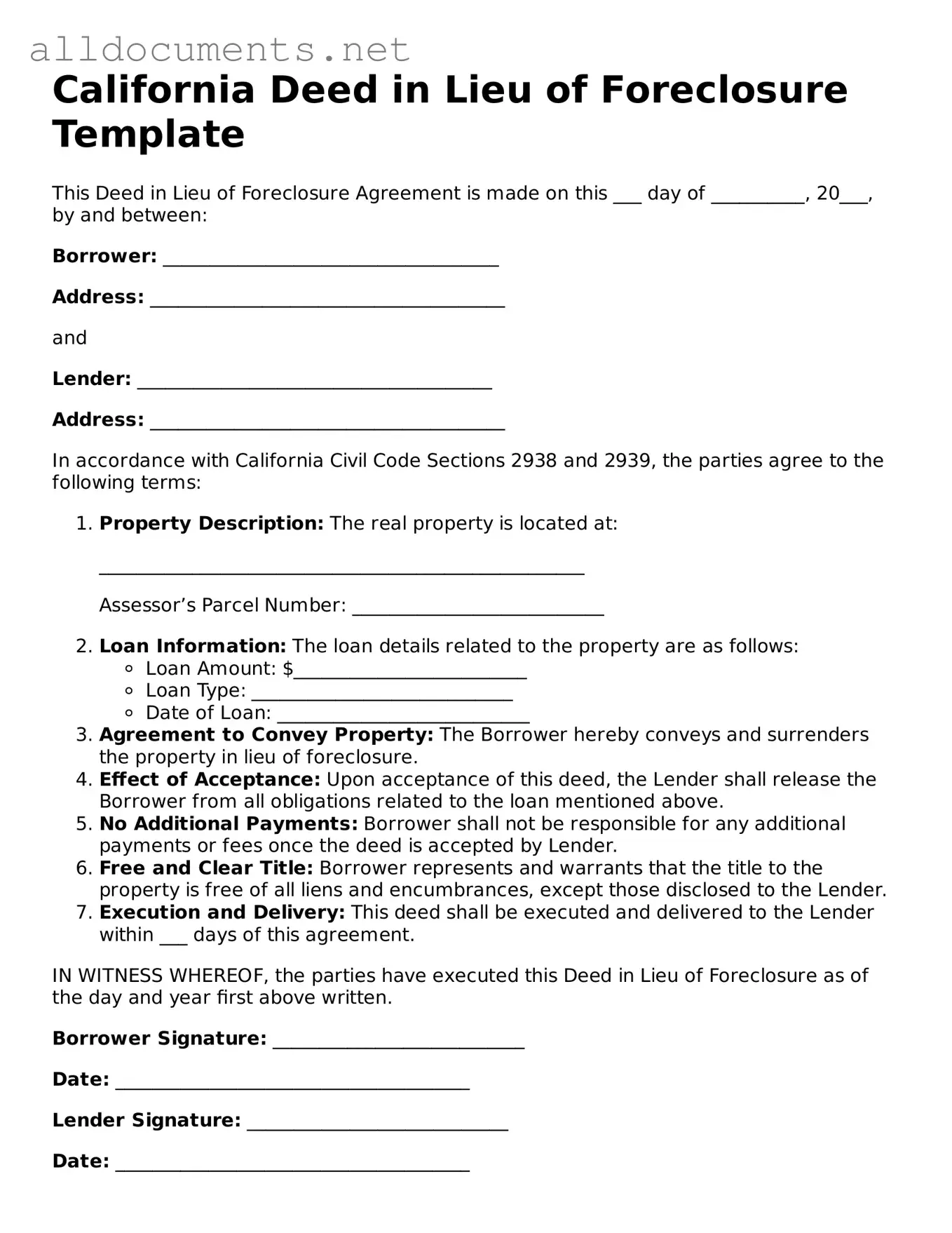 Official  Deed in Lieu of Foreclosure Template for California