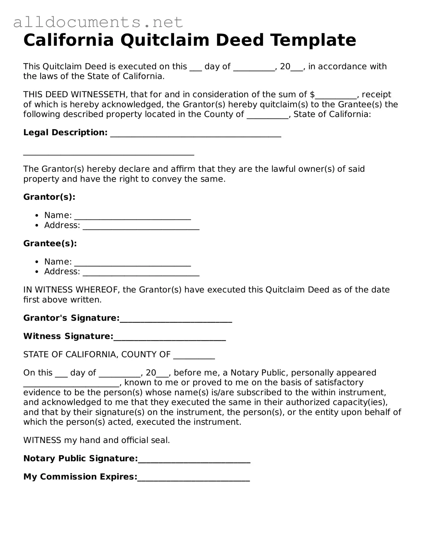 Official  Quitclaim Deed Template for California