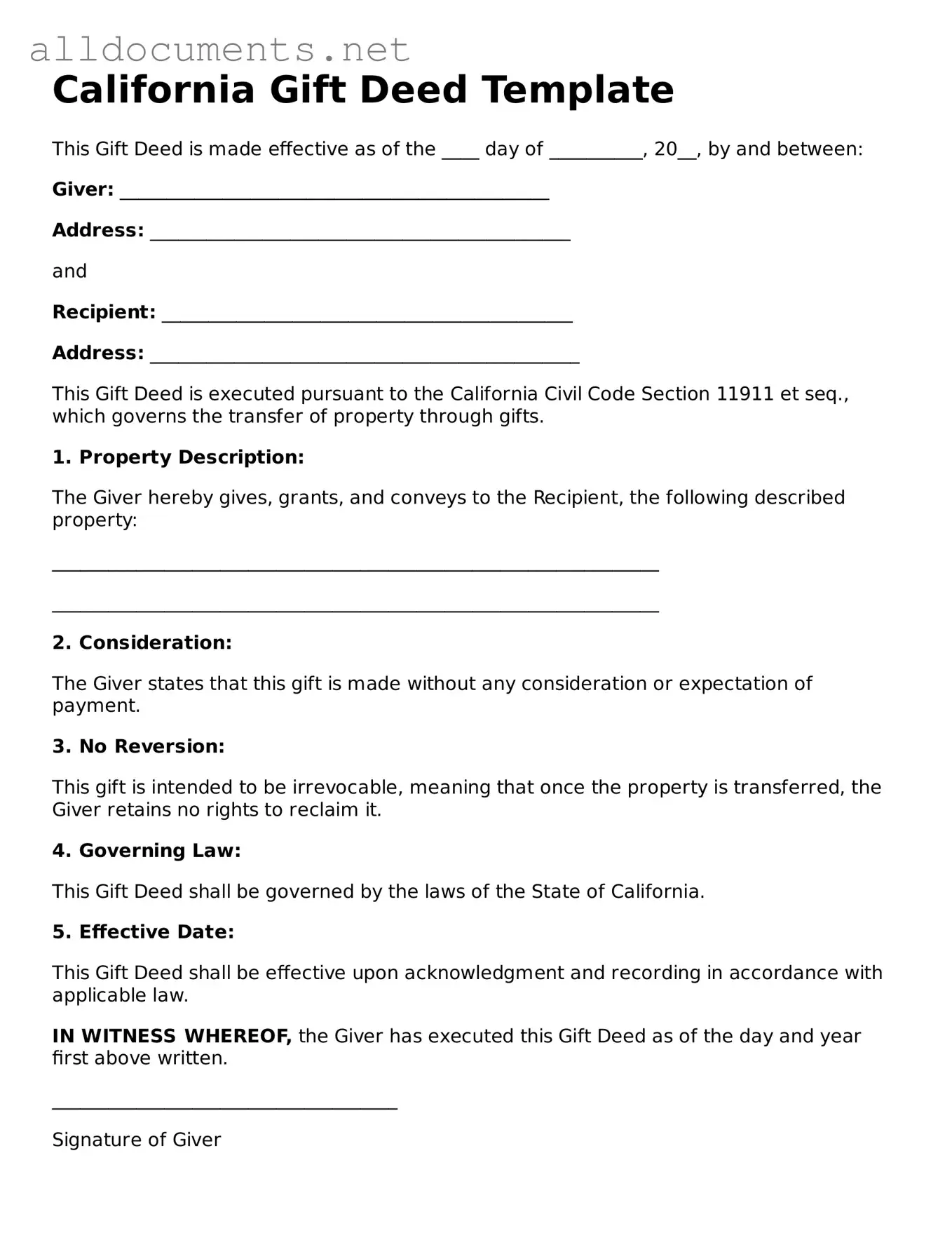 Official  Gift Deed Template for California