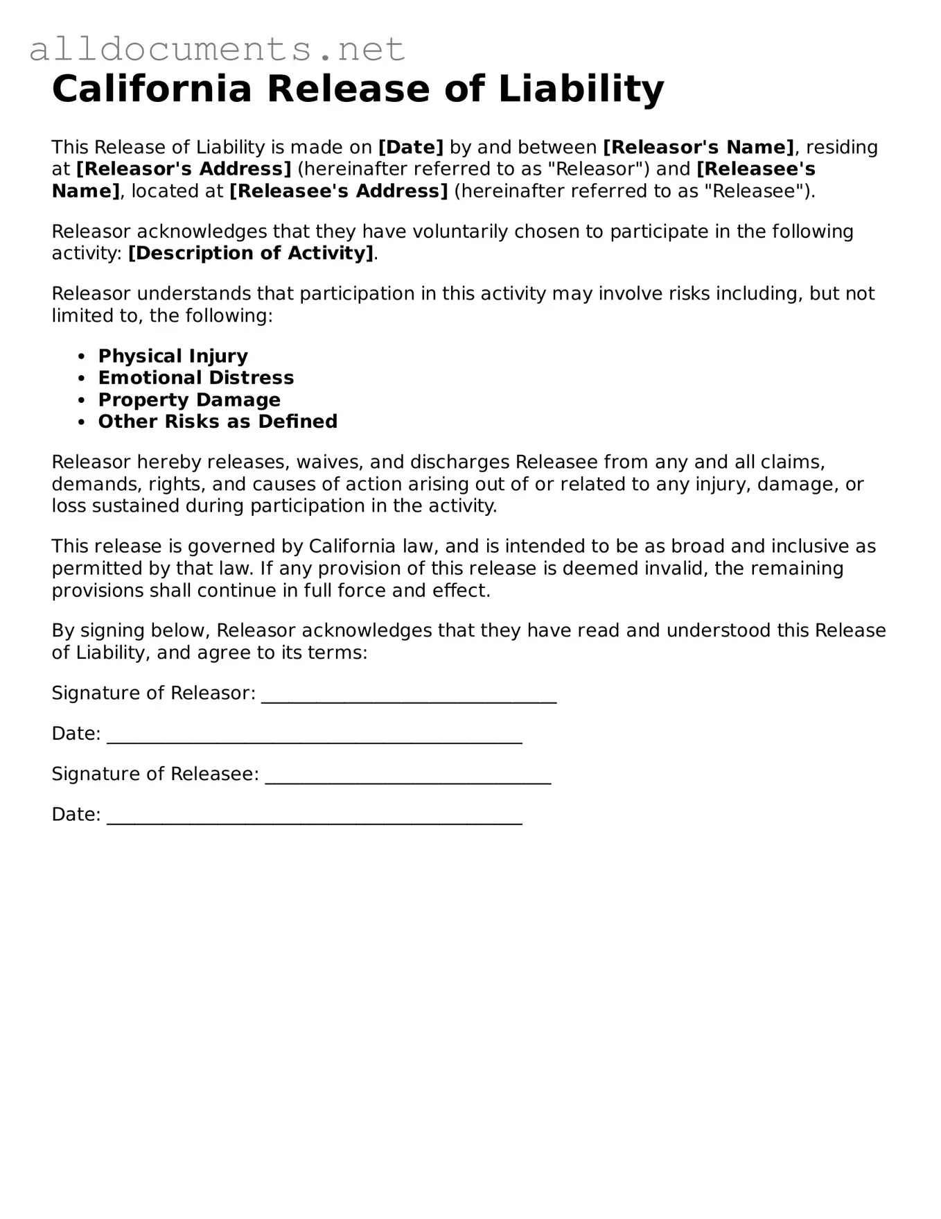 Official  Release of Liability Template for California