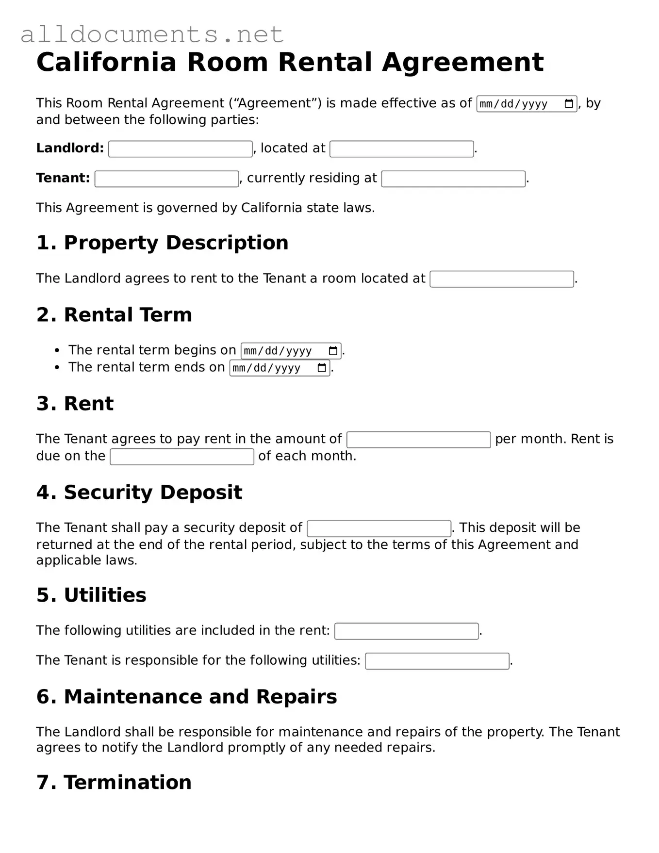 Official  Room Rental Agreement Template for California