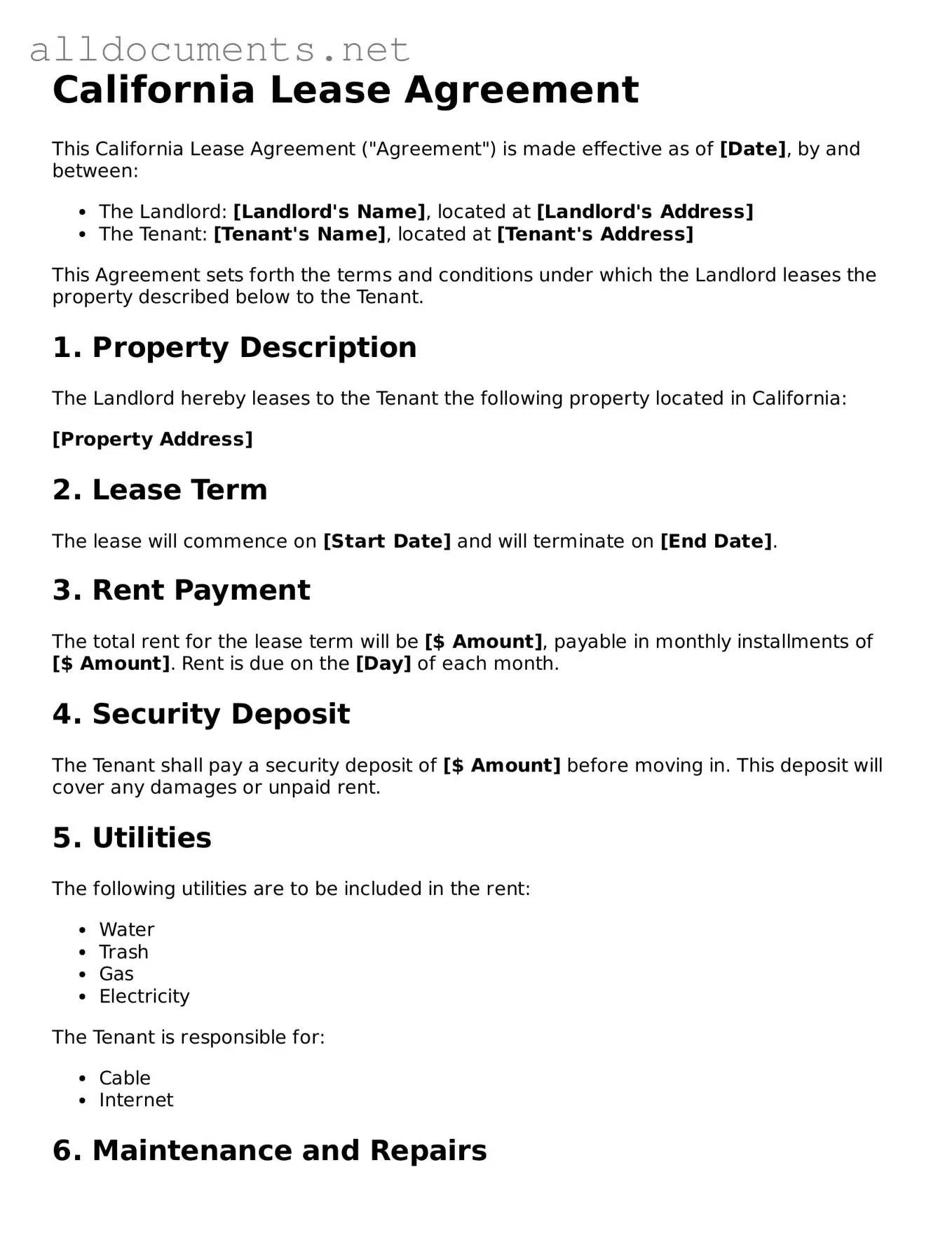 Official  Lease Agreement Template for California