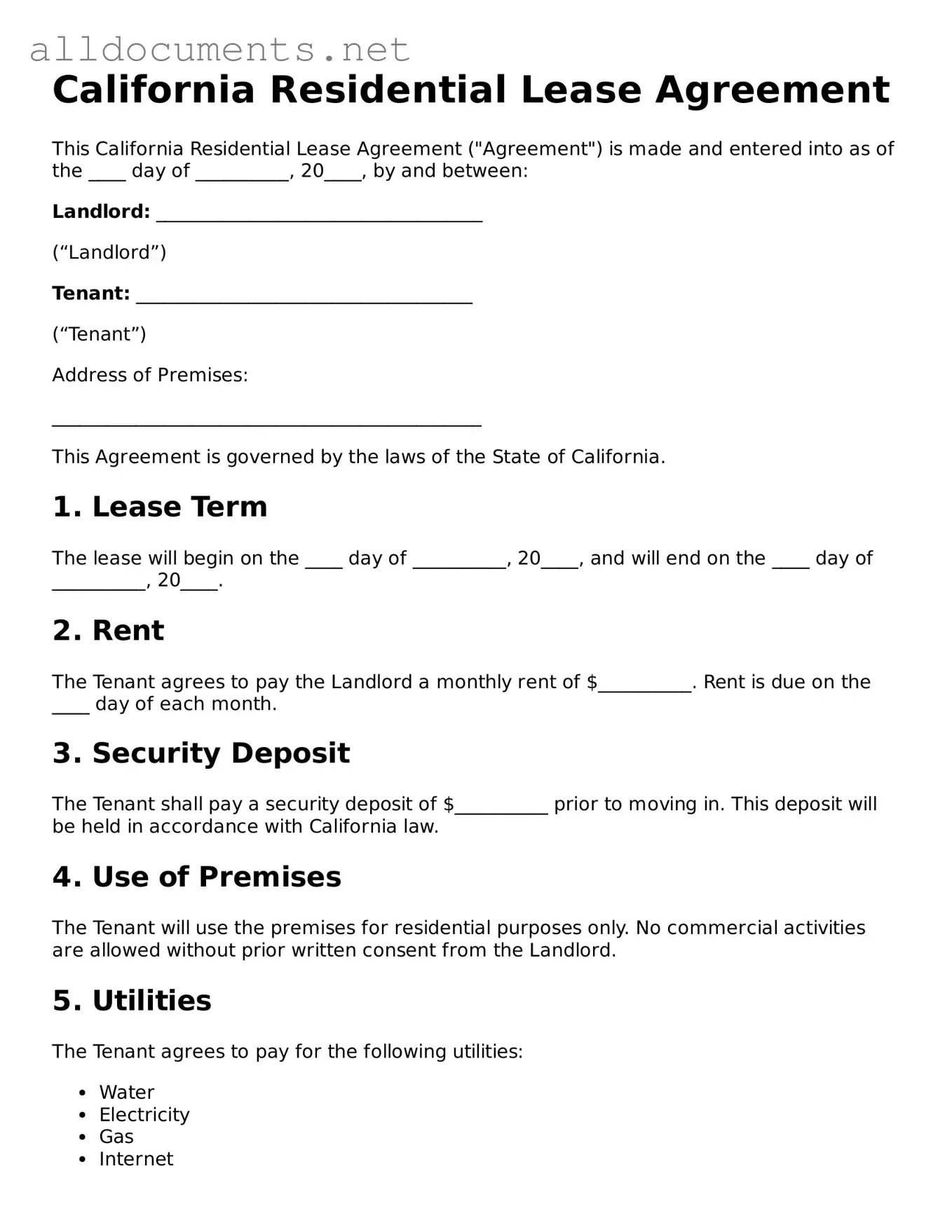 Official  Residential Lease Agreement Template for California