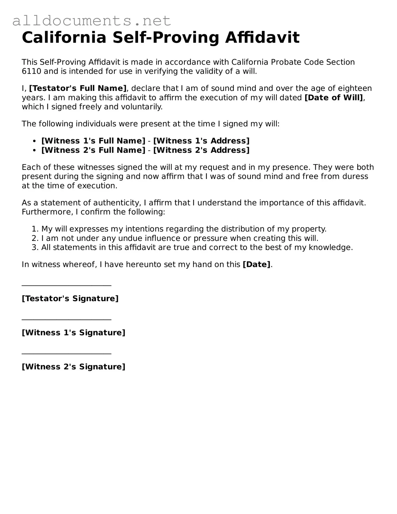 Official  Self-Proving Affidavit Template for California