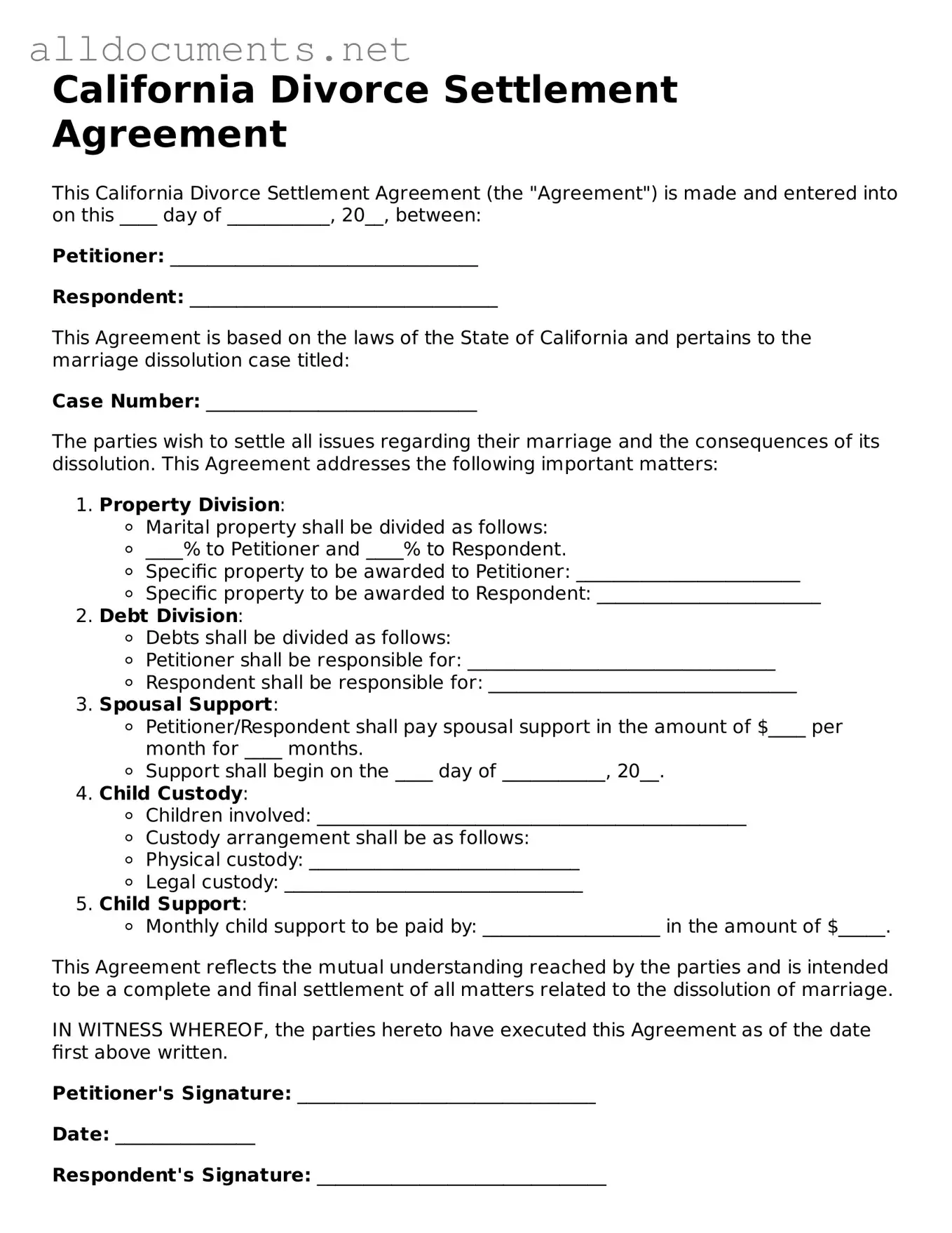 Official  Divorce Settlement Agreement Template for California