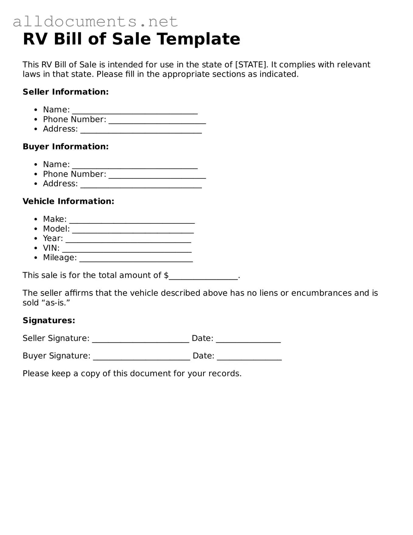 Free RV Bill of Sale Document