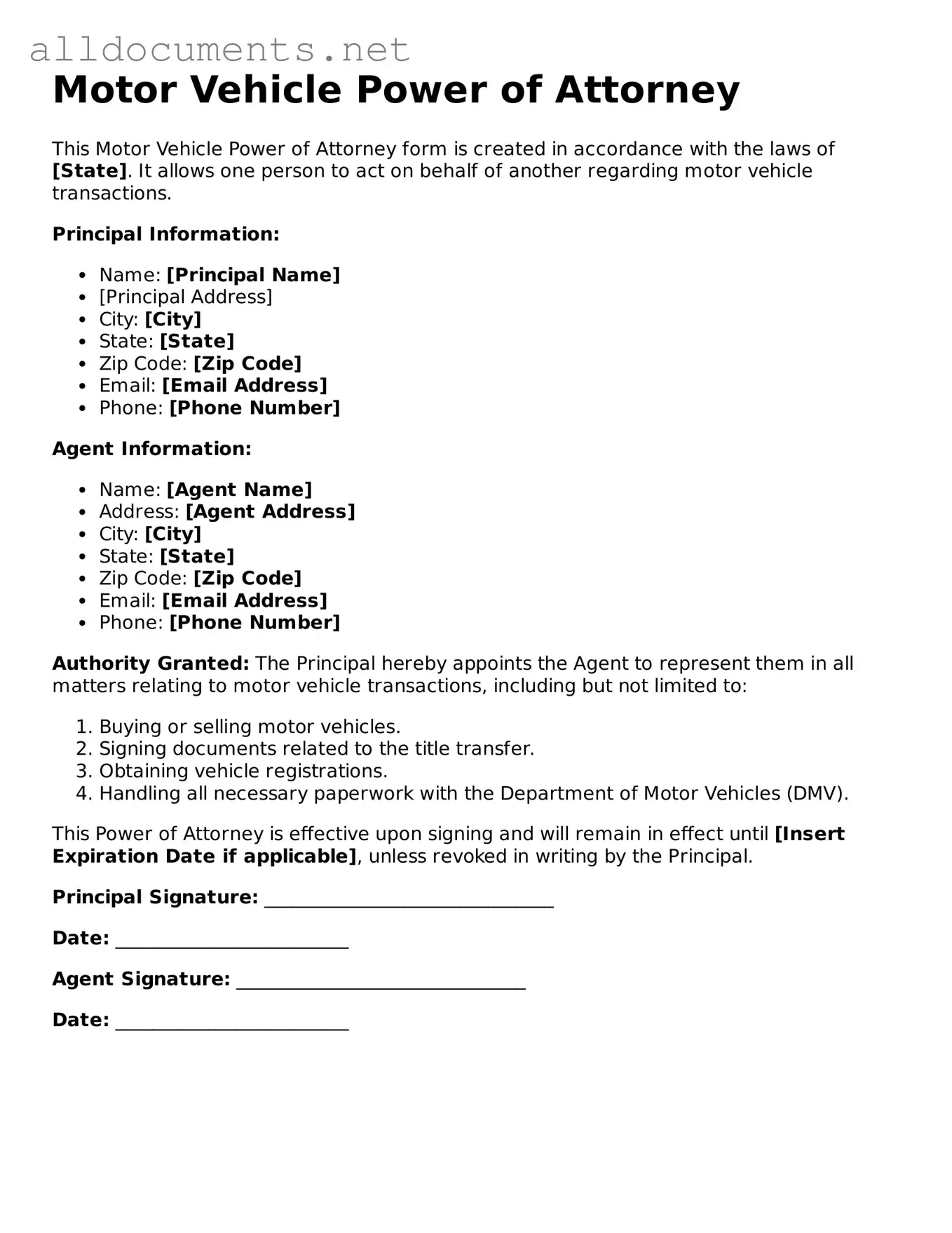Free Motor Vehicle Power of Attorney Document