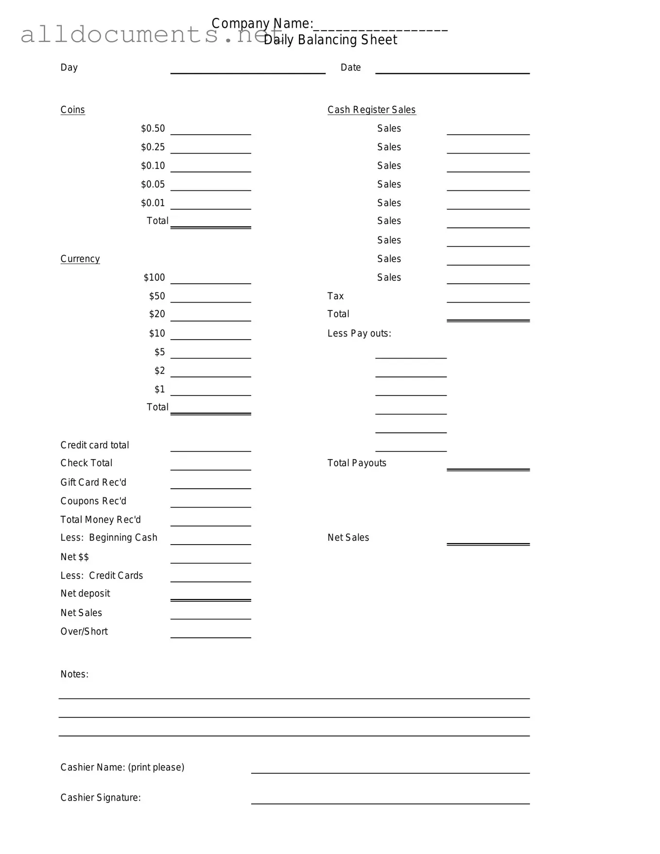 Fillable Cash Drawer Count Sheet Template in PDF