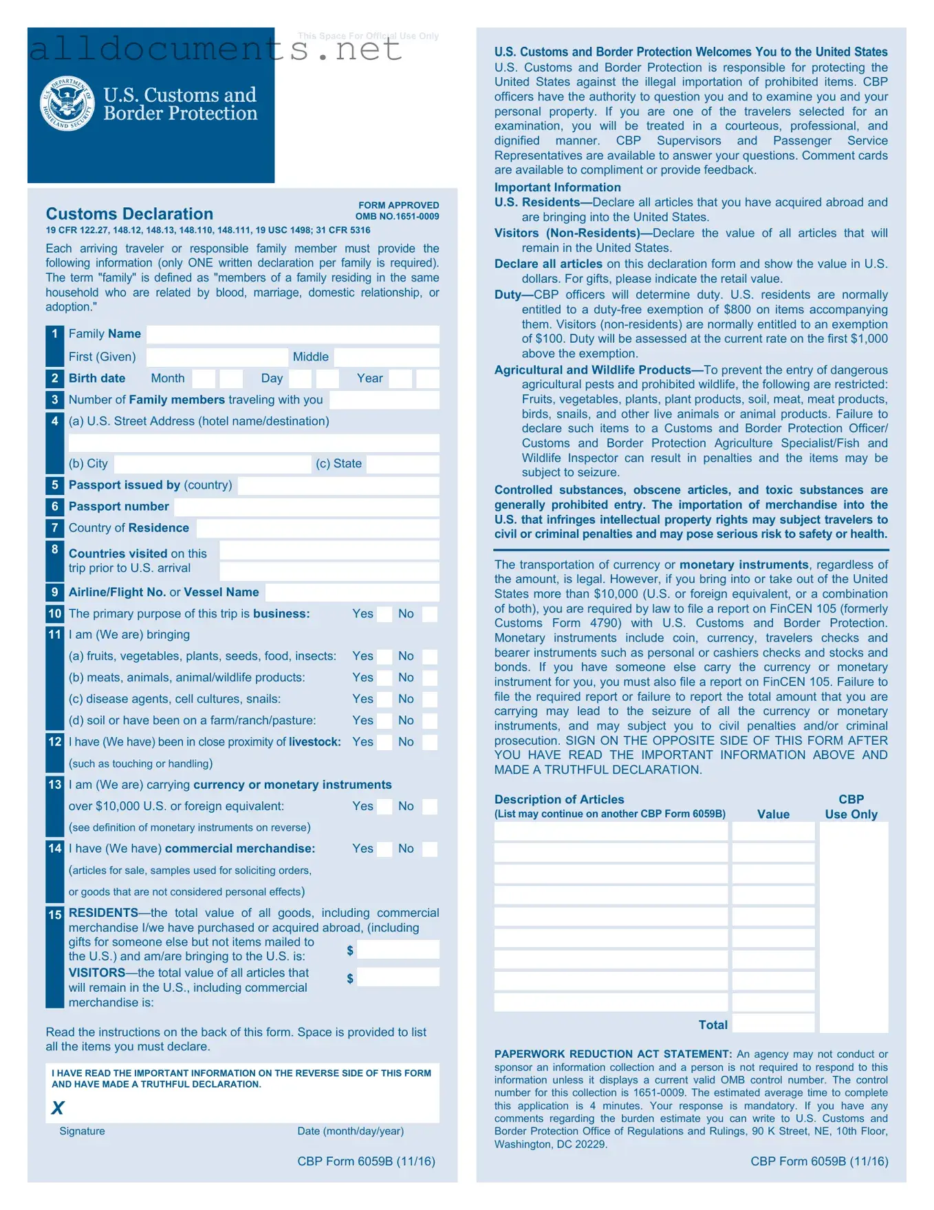 Fillable CBP 6059B Template in PDF