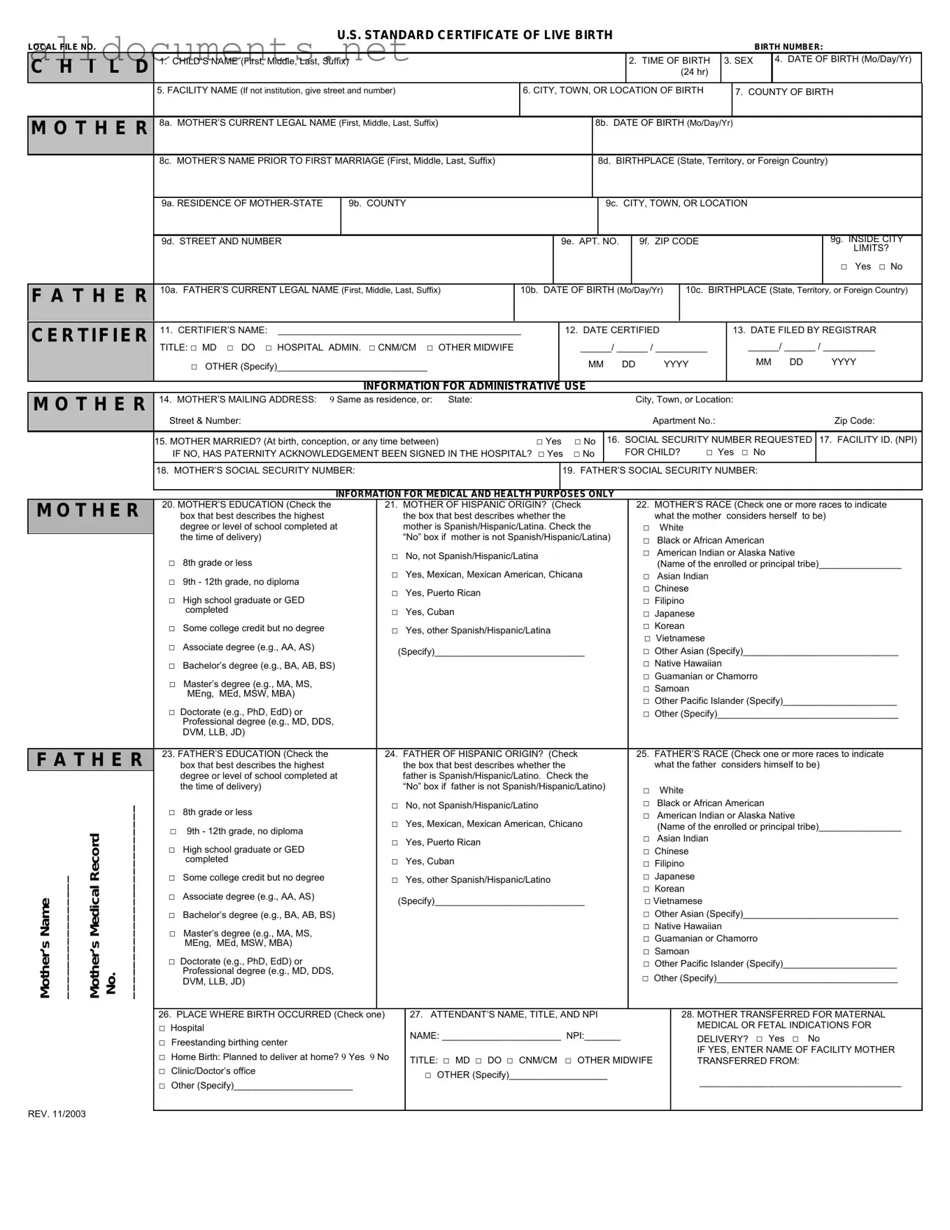 Fillable CDC U.S. Standard Certificate of Live Birth Template in PDF