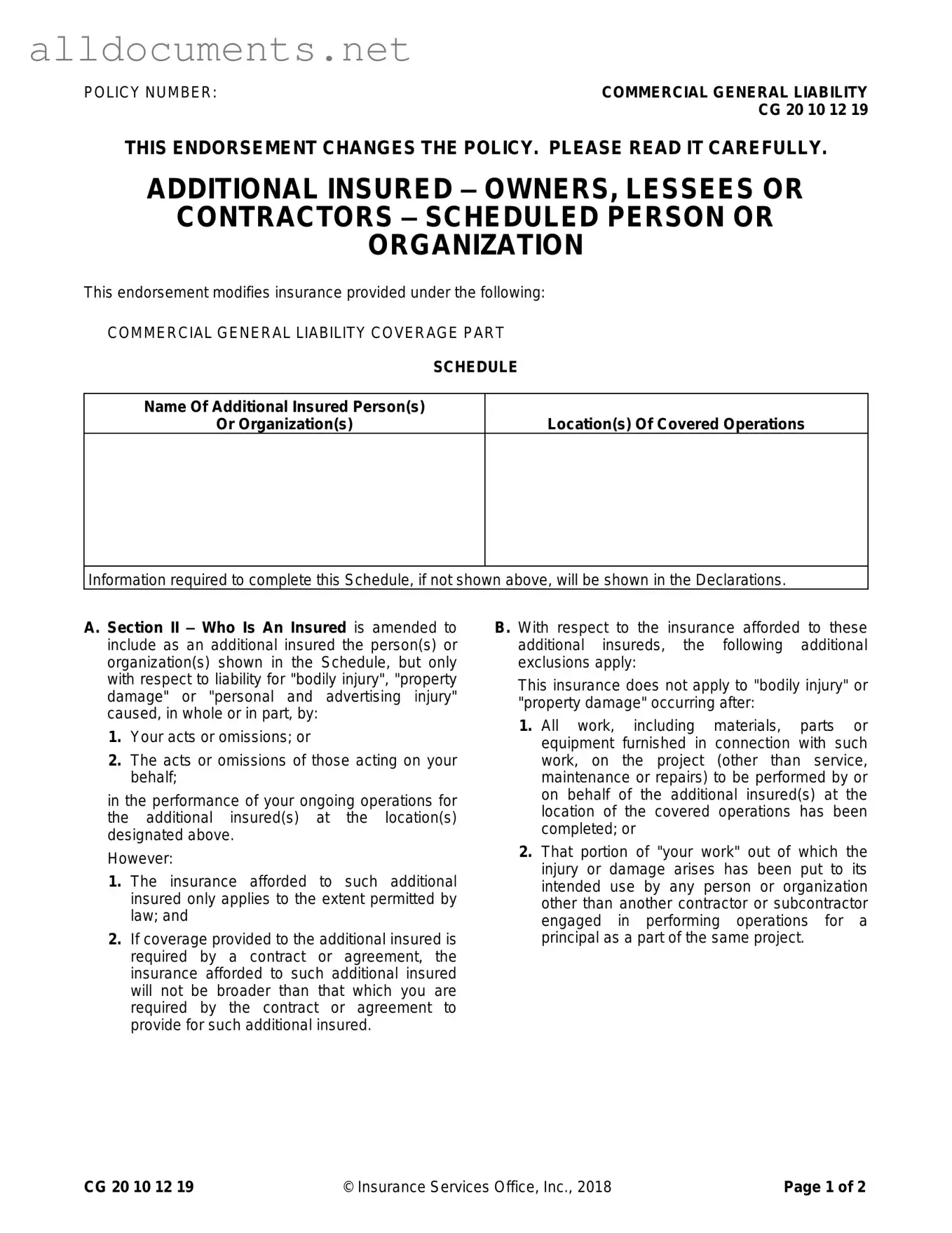 Fillable Cg 20 10 07 04 Liability Endorsement Template in PDF