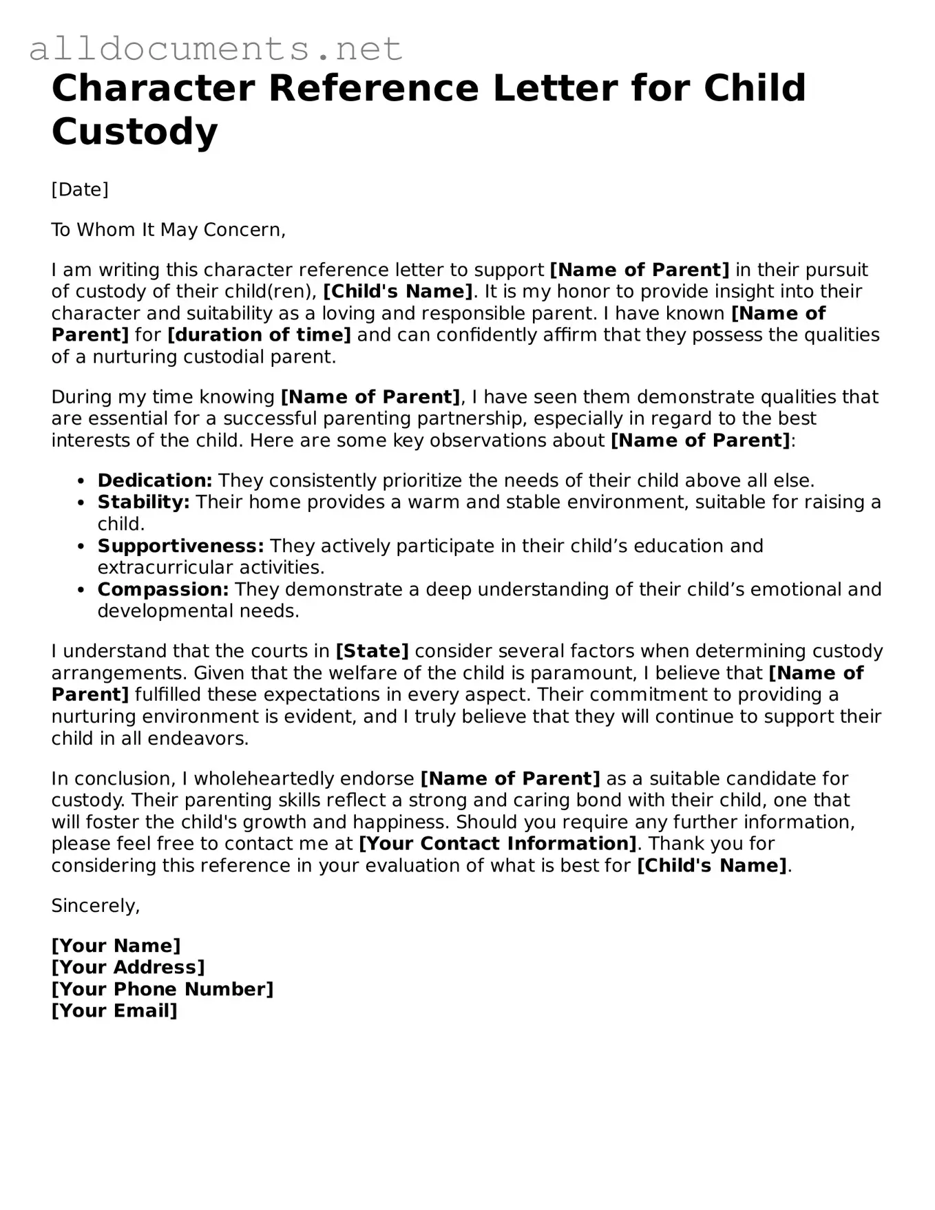 Free Character Reference Letter for Child Custody Document