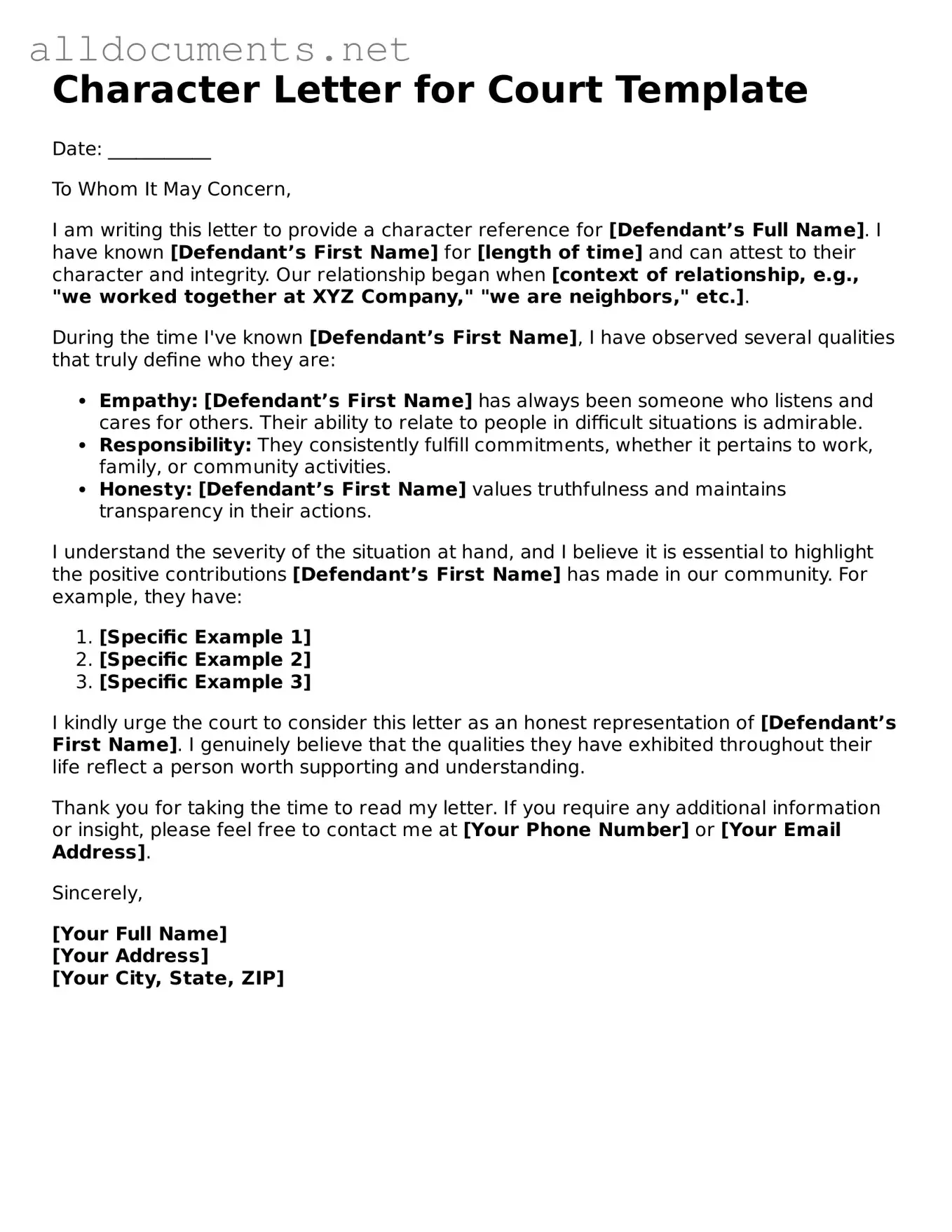 Free Character Letter for Court Document
