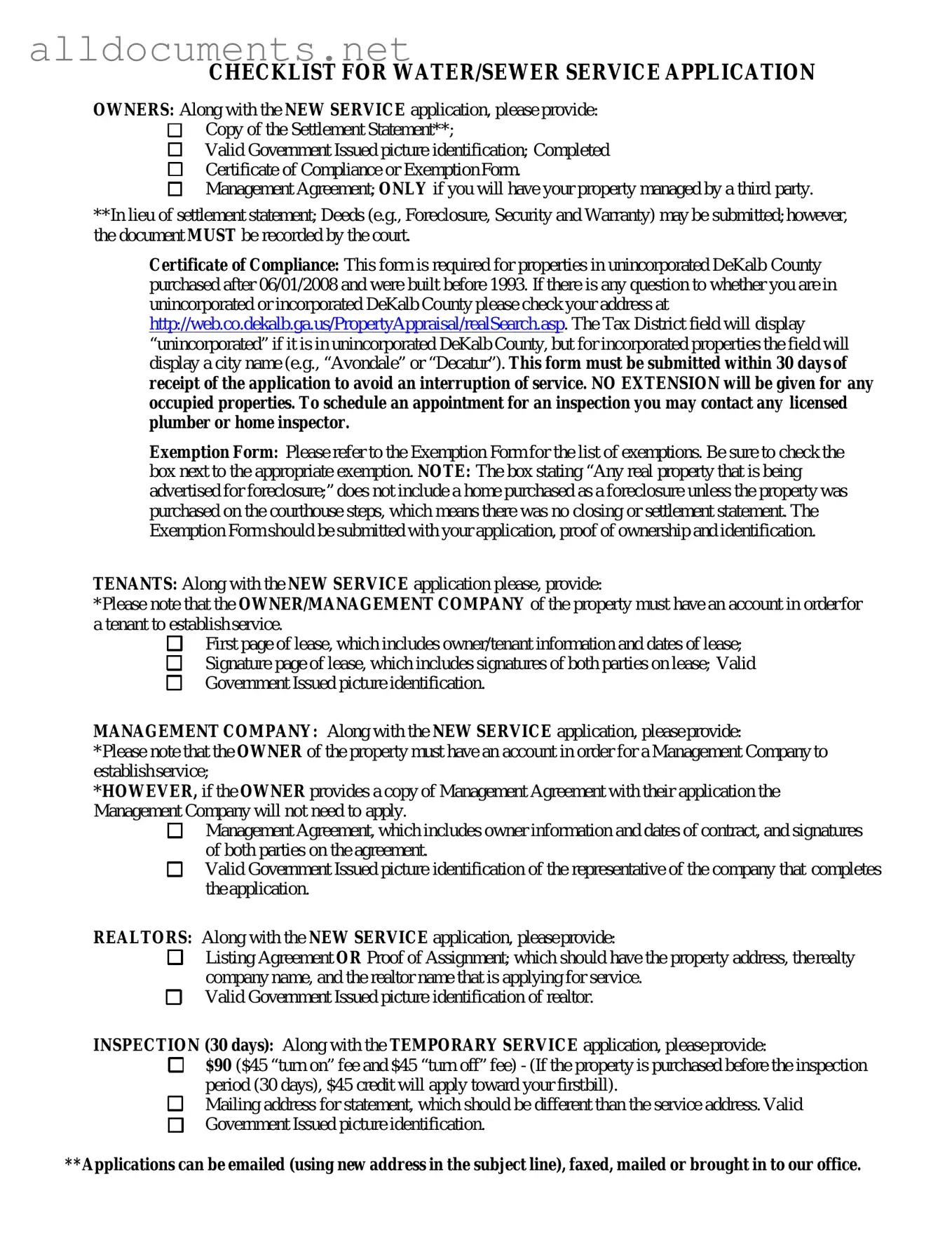 Fillable Dekalb County Water Application Template in PDF