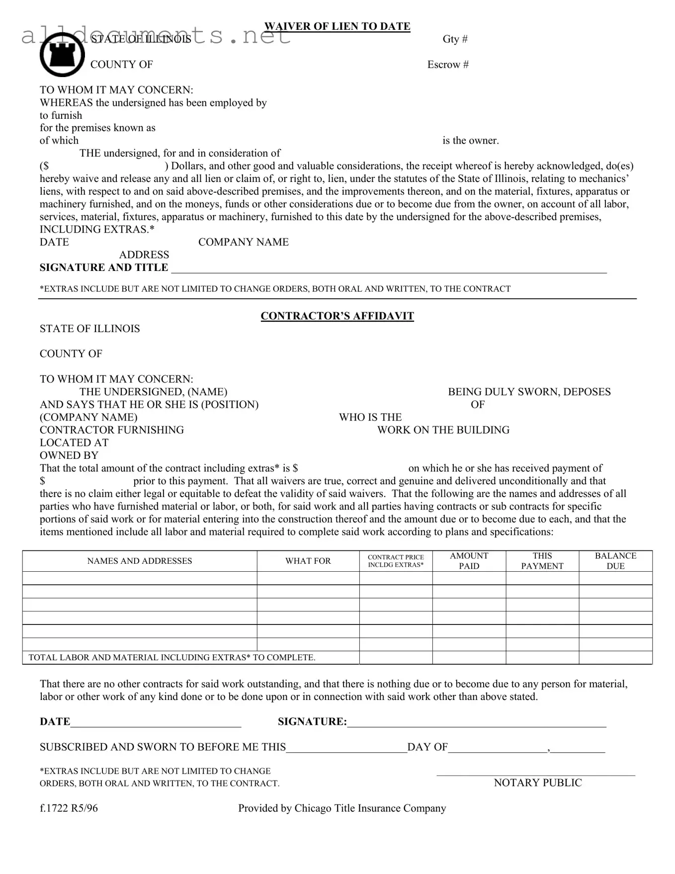 Fillable Chicago Title Waiver Format Template in PDF