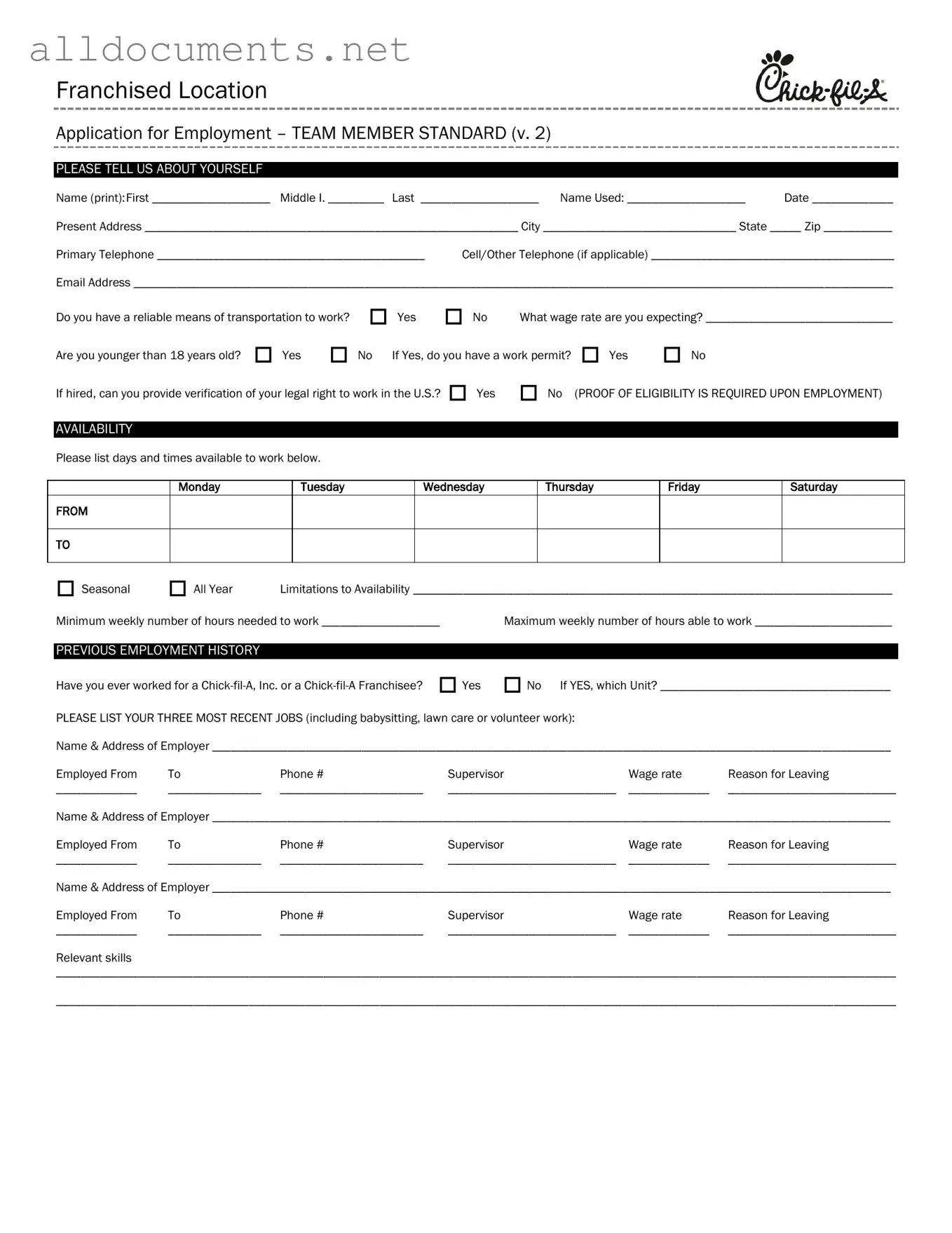 Fillable Chick Fil A Job Application Template in PDF