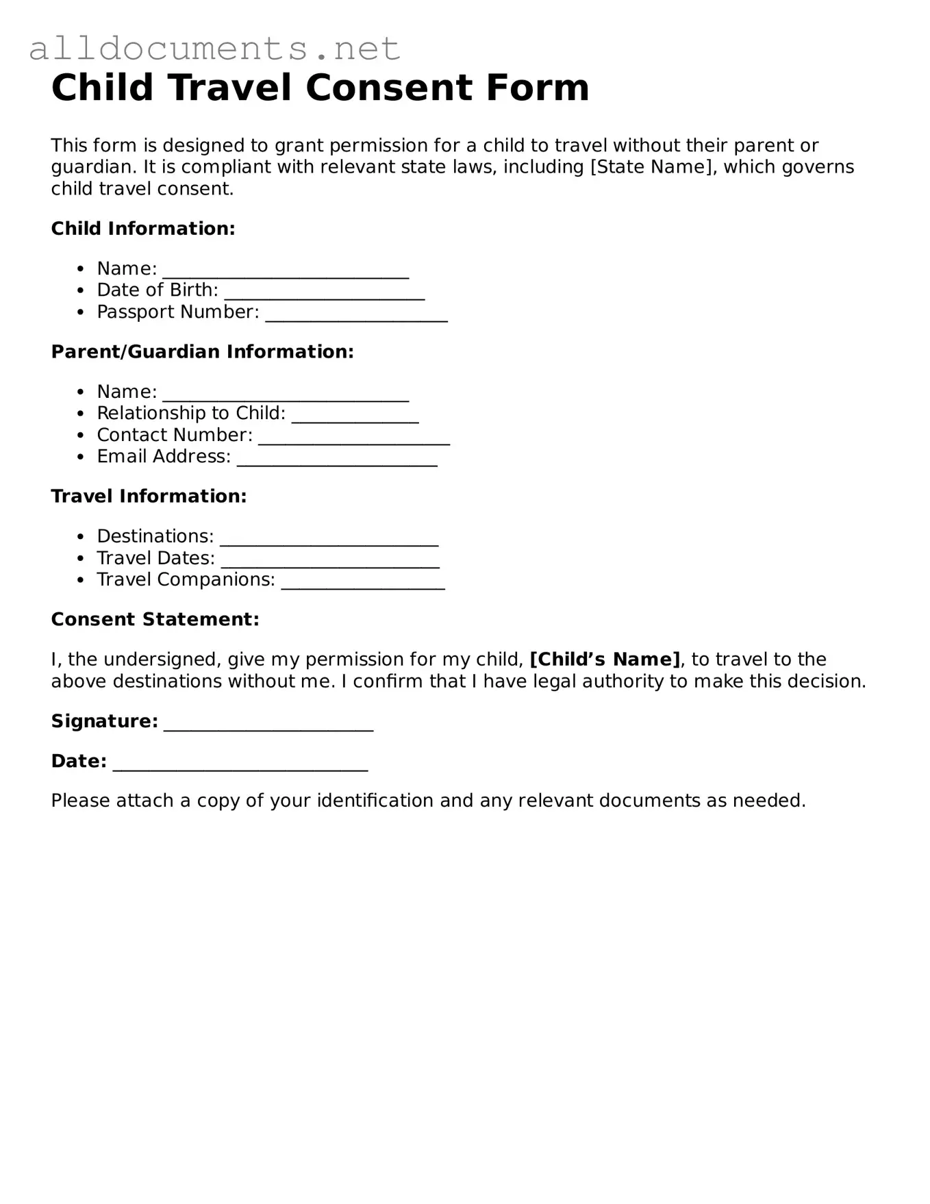Free Child Travel Consent Form Document
