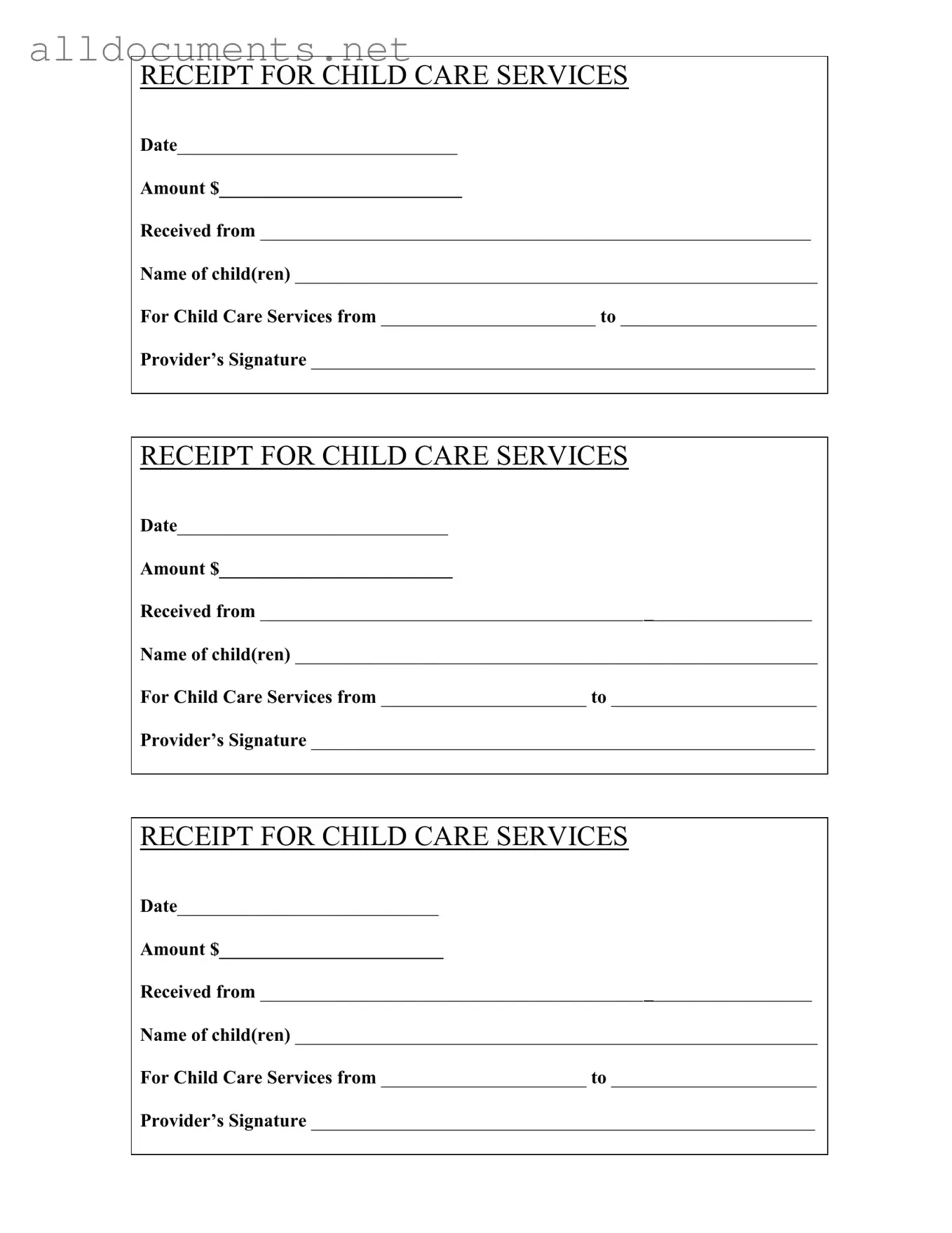 Fillable Childcare Receipt Template in PDF