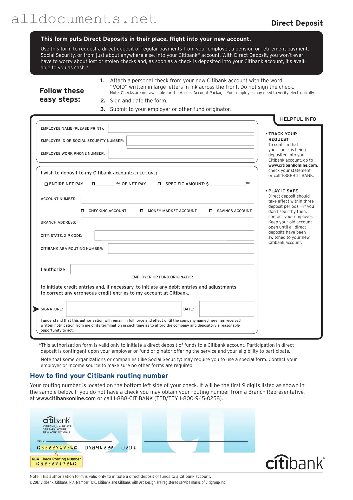 Fillable Citibank Direct Deposit Template in PDF