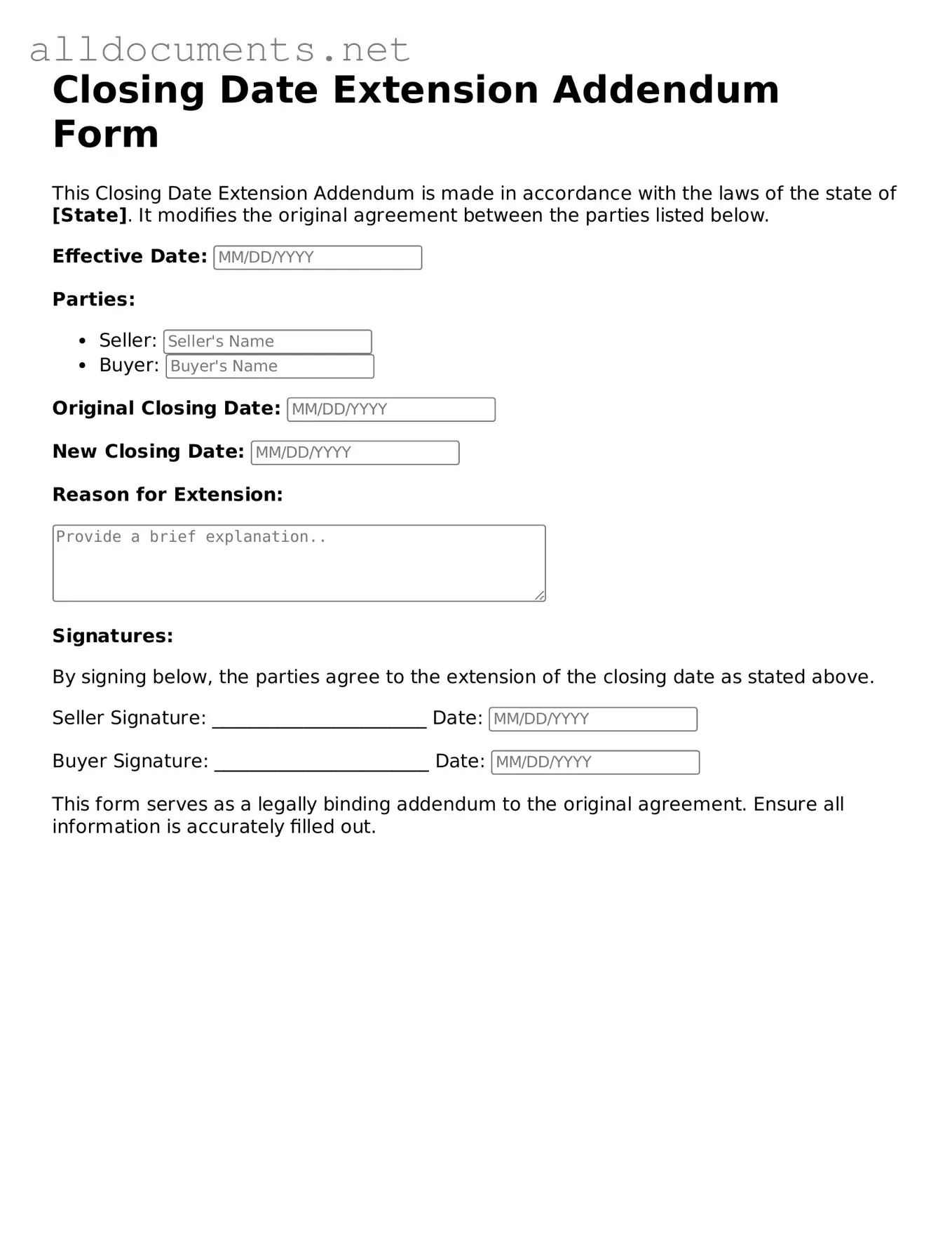 Free Closing Date Extension Addendum Form Document