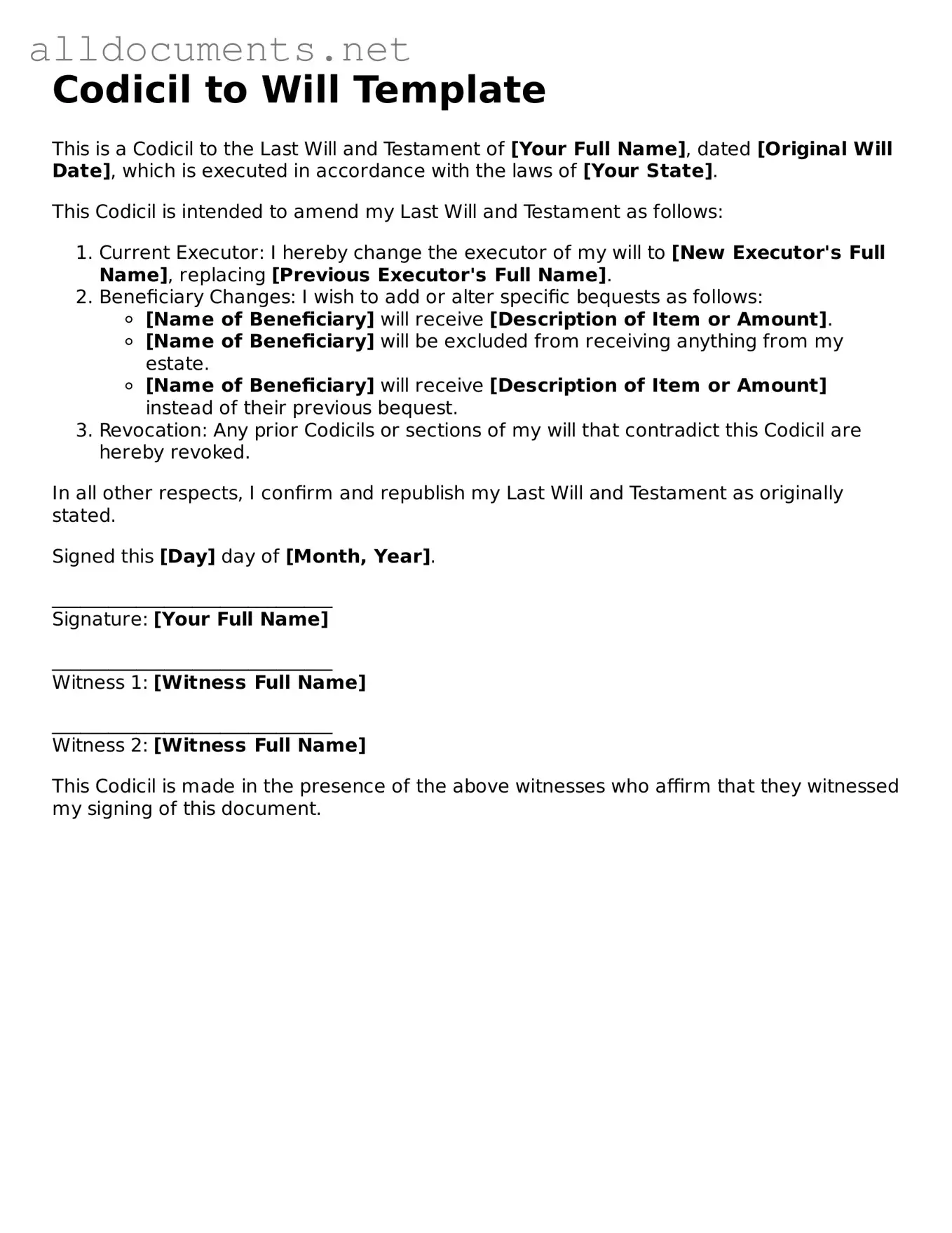 Free Codicil to Will Document