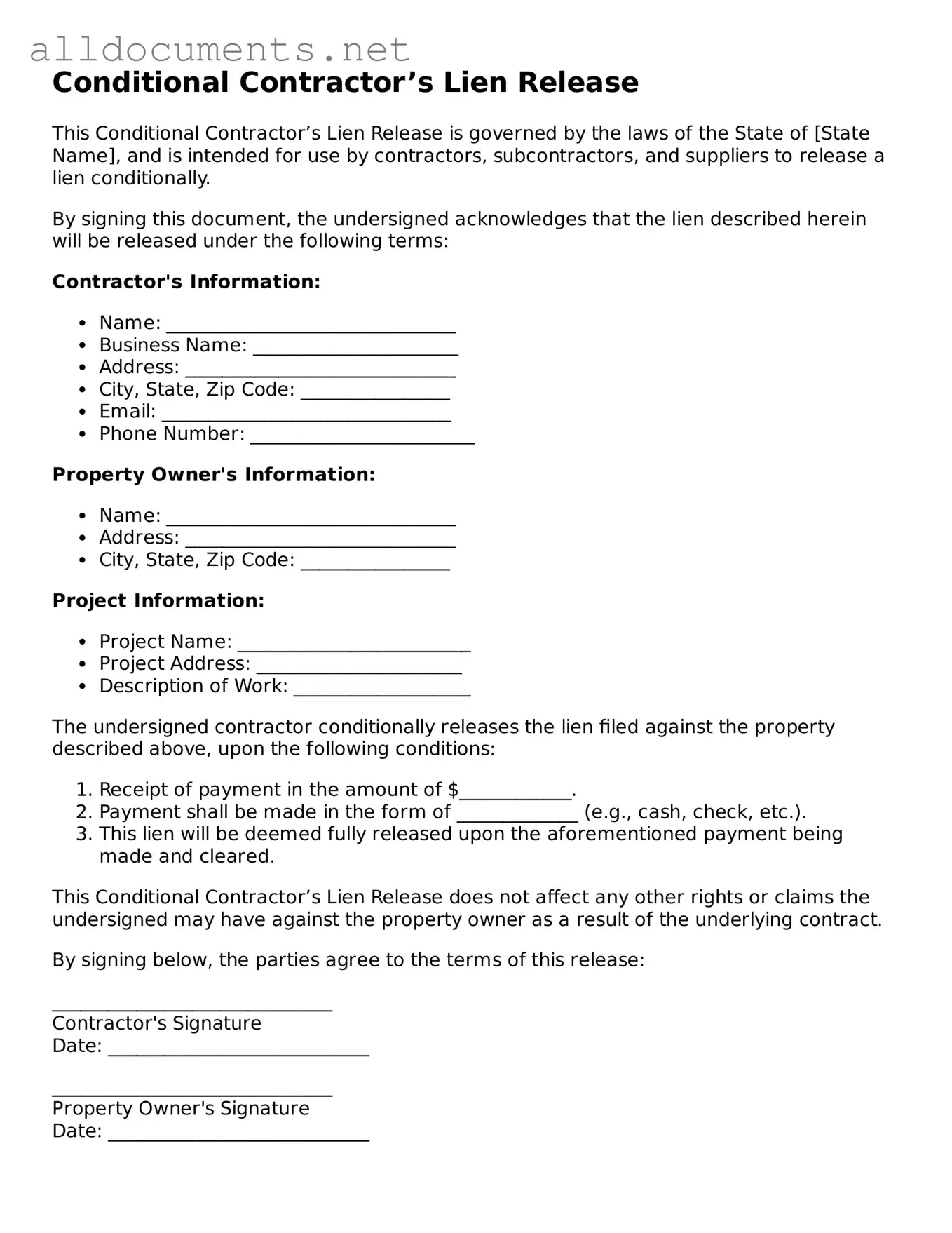 Free Conditional Contractor’s Lien Release Document