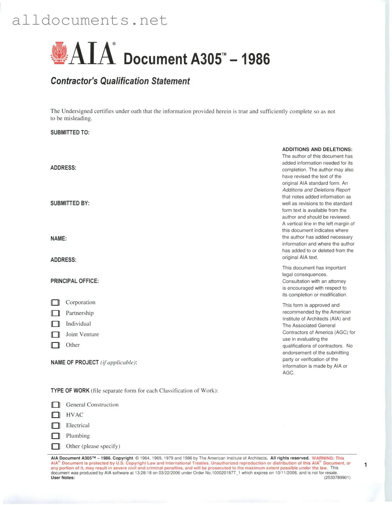 Fillable AIA A305 Template in PDF