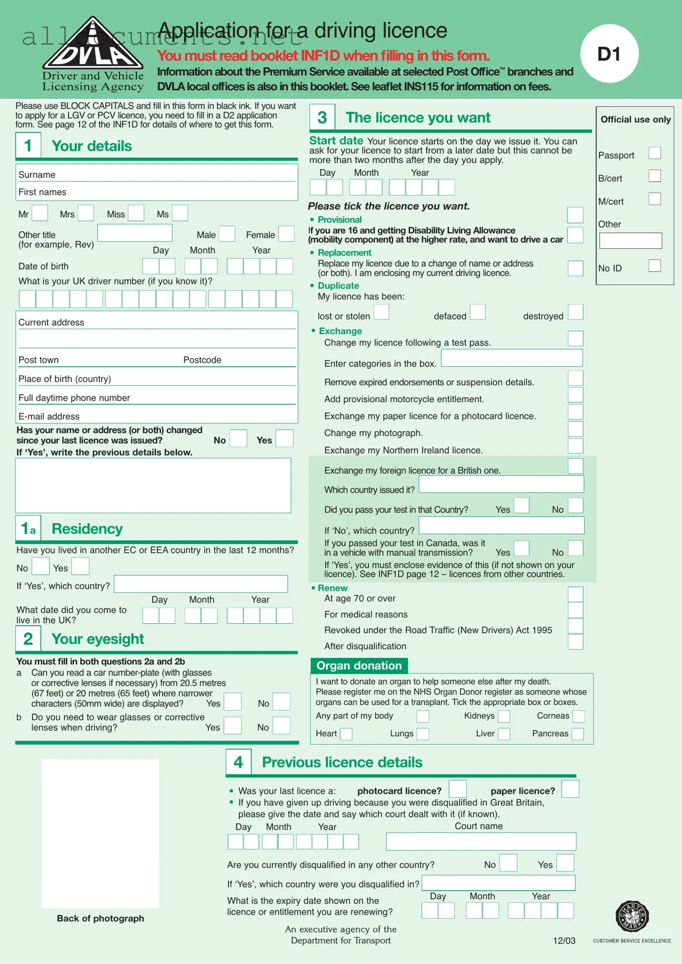 Fillable D1 Dvla Template in PDF