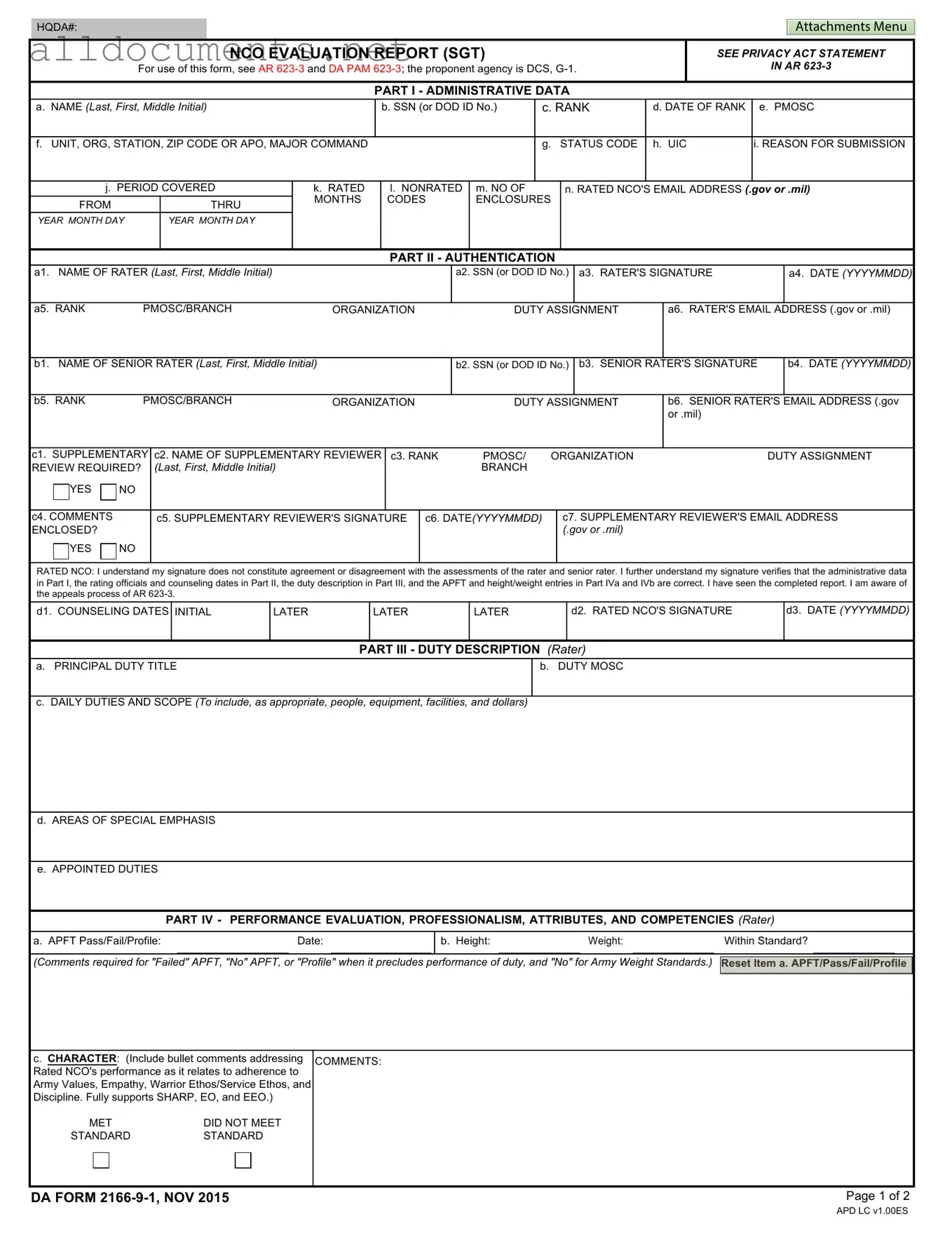 Fillable Da 2166 9 1 Template in PDF
