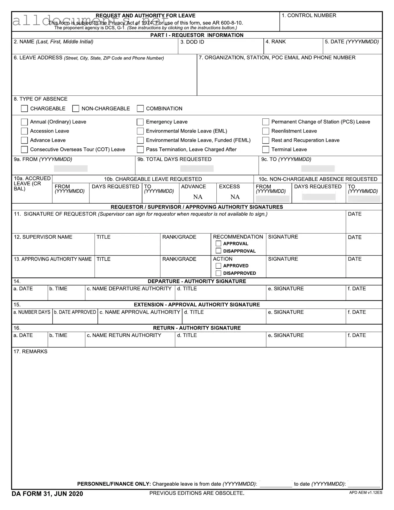 Fillable Da 31 Template in PDF